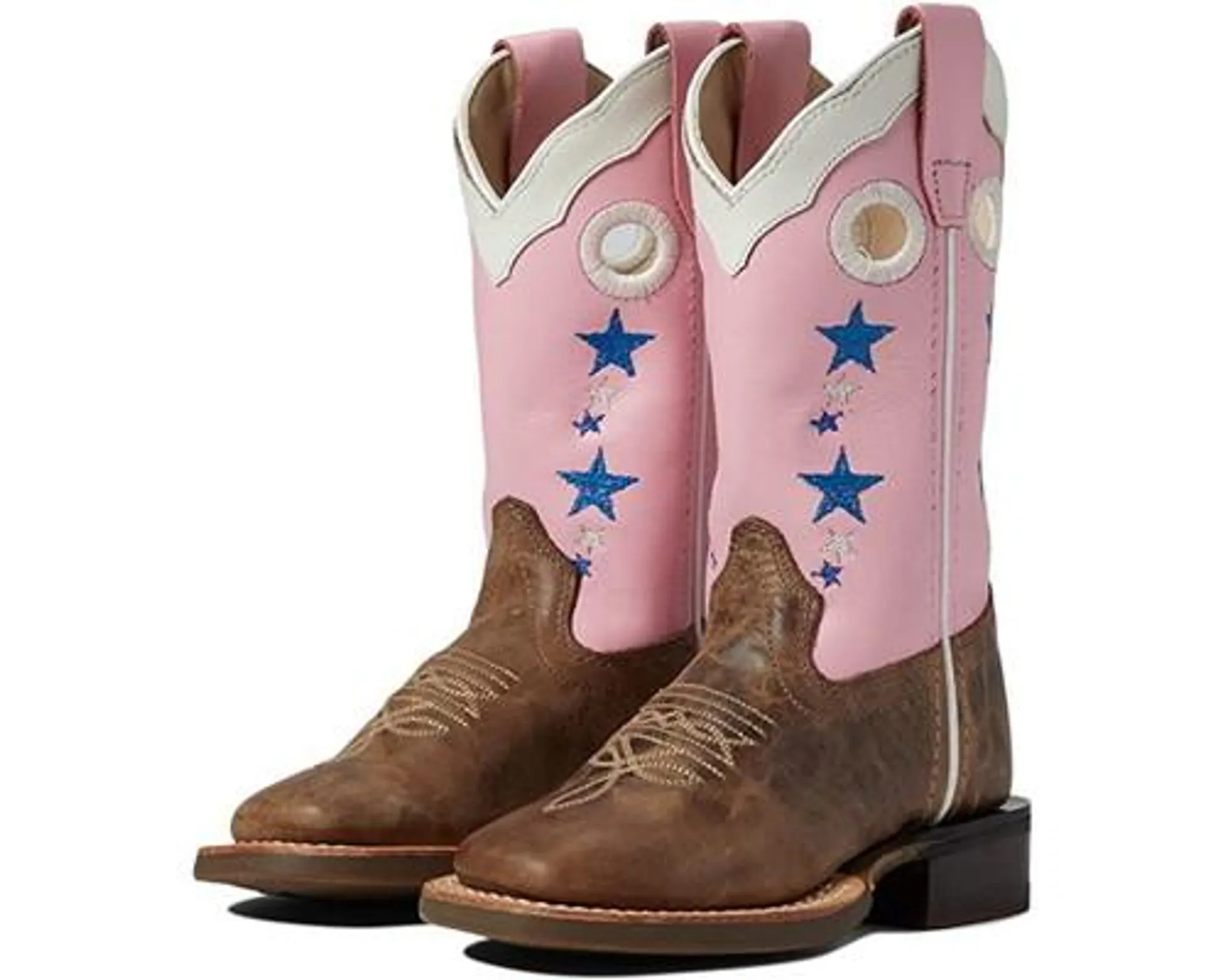 Old West Girls Pretty Pink and Brown With Stars Square Toe Boots