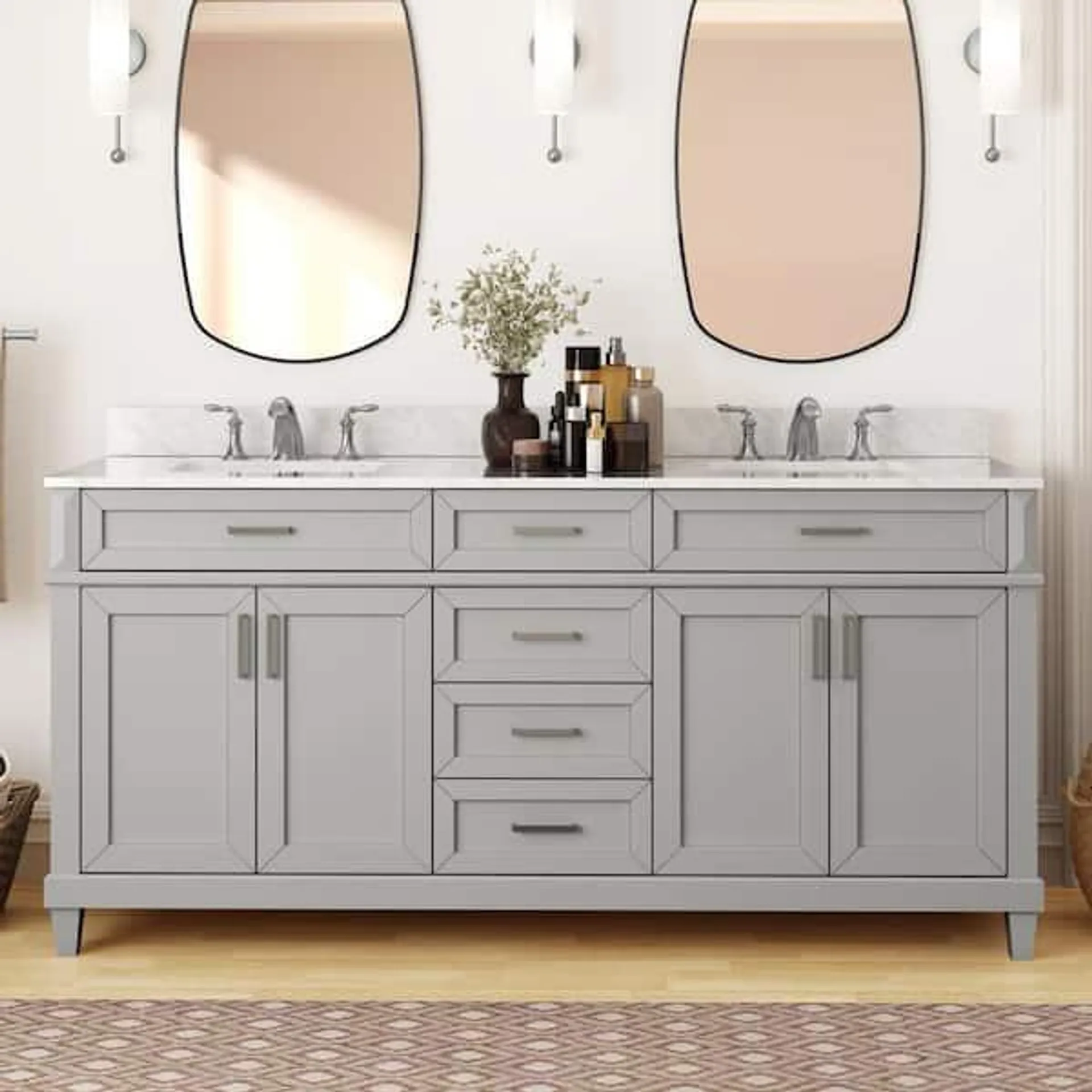 Talmore 72 in. Double Sink Sky Grey Bath Vanity with White Engineered Carrara Marble Top (Assembled)