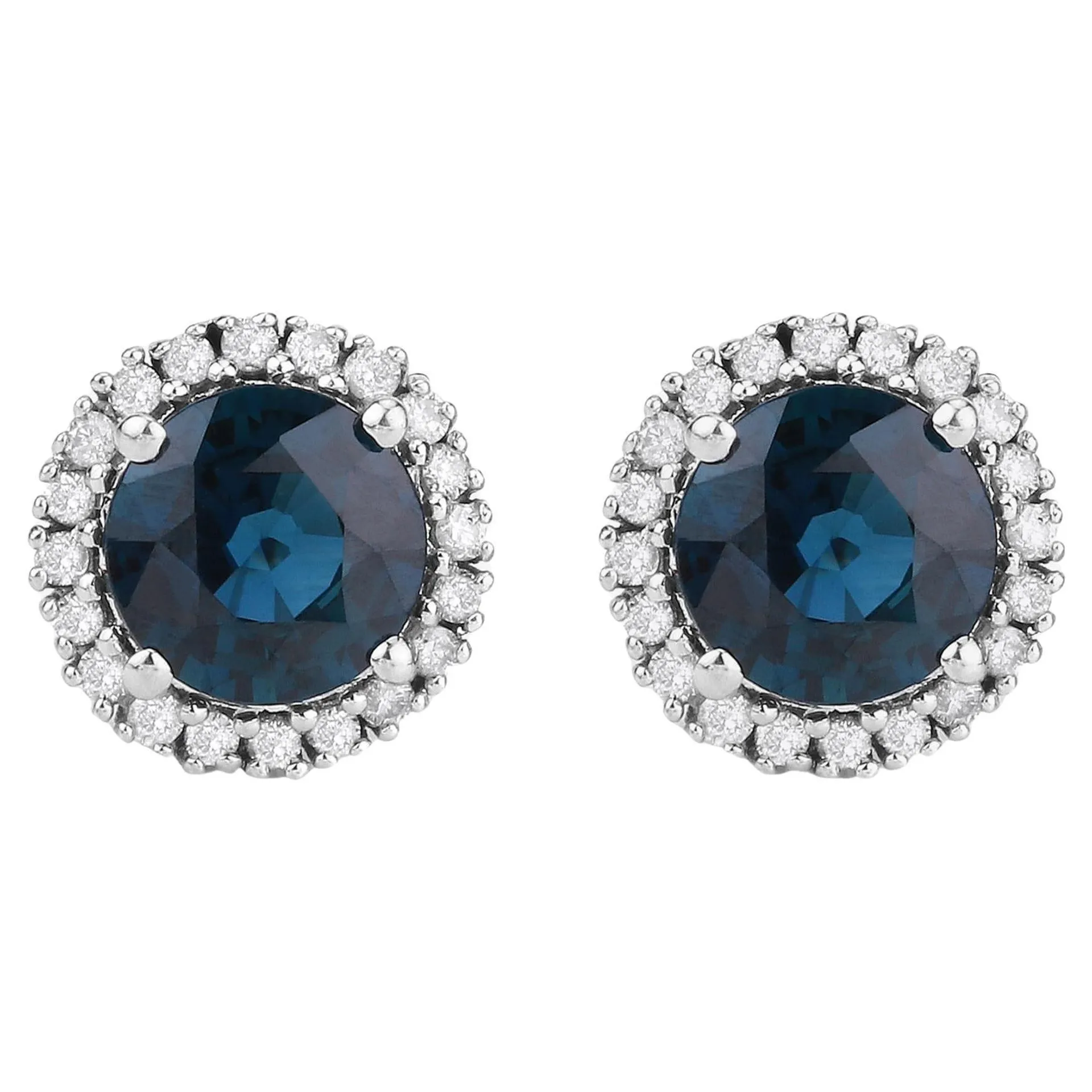 Blue Sapphire Stud Earrings Diamond Halo 2.2 Carats 14K White Gold