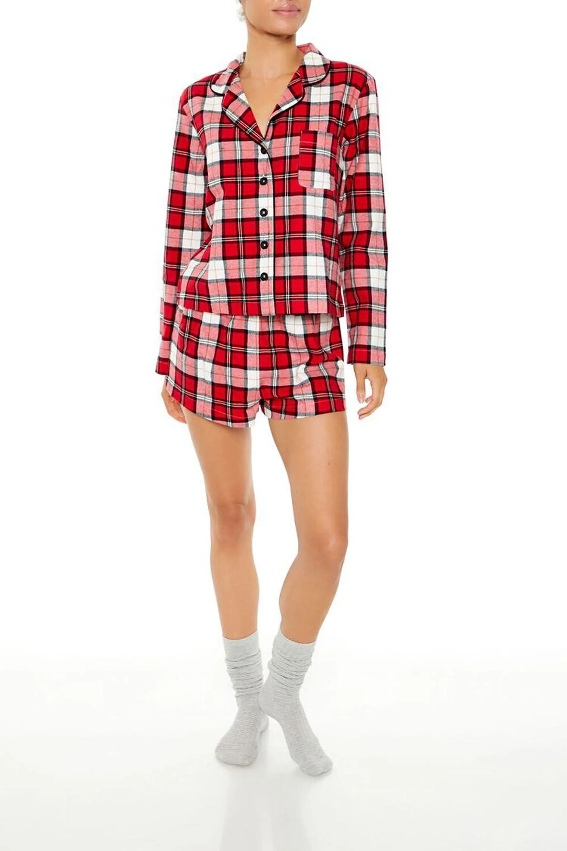 Plaid Shirt & Shorts Pajama Set