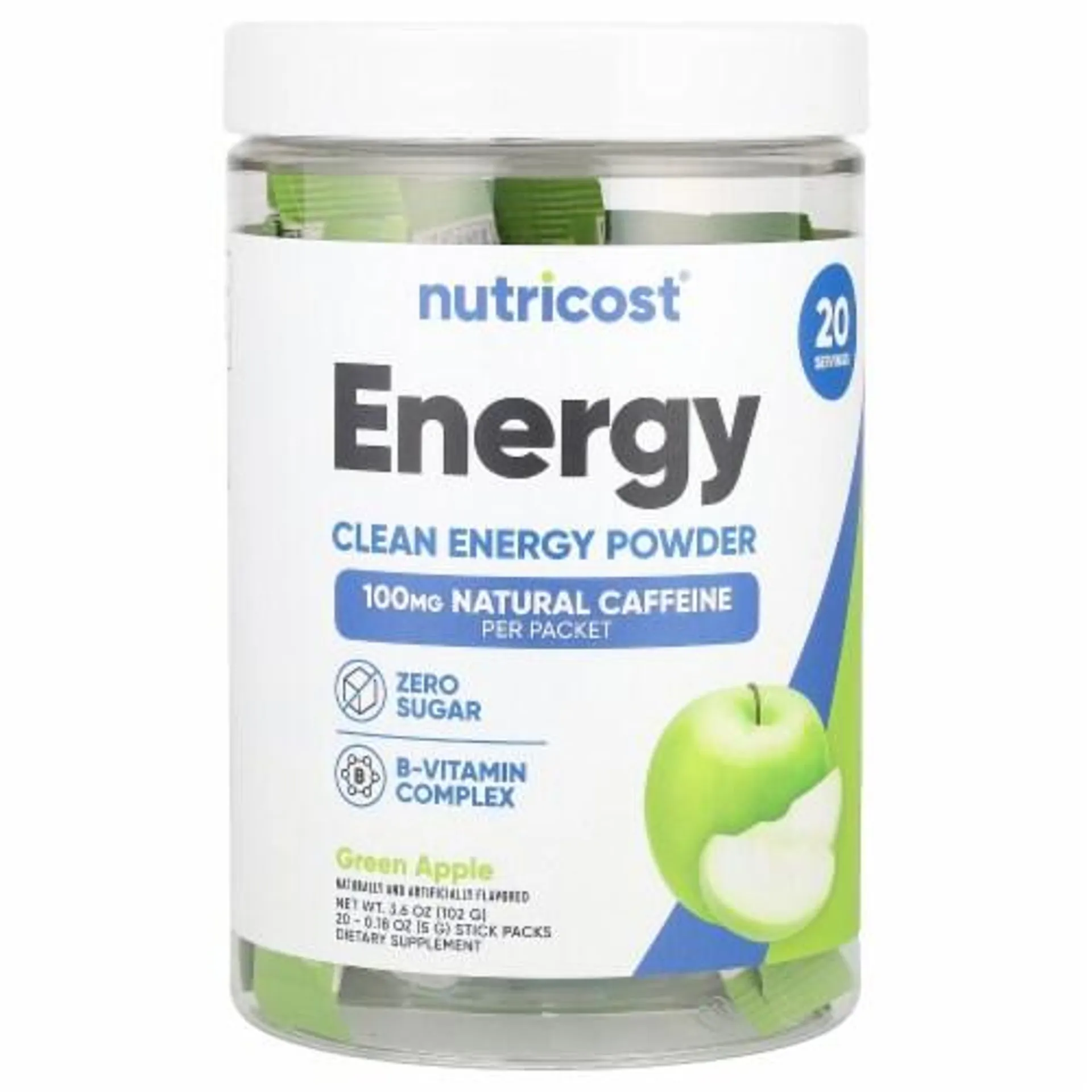 Nutricost Energy Clean Energy Powder Green Apple 20 Stick Packs - 0.18 oz (5 g) Each