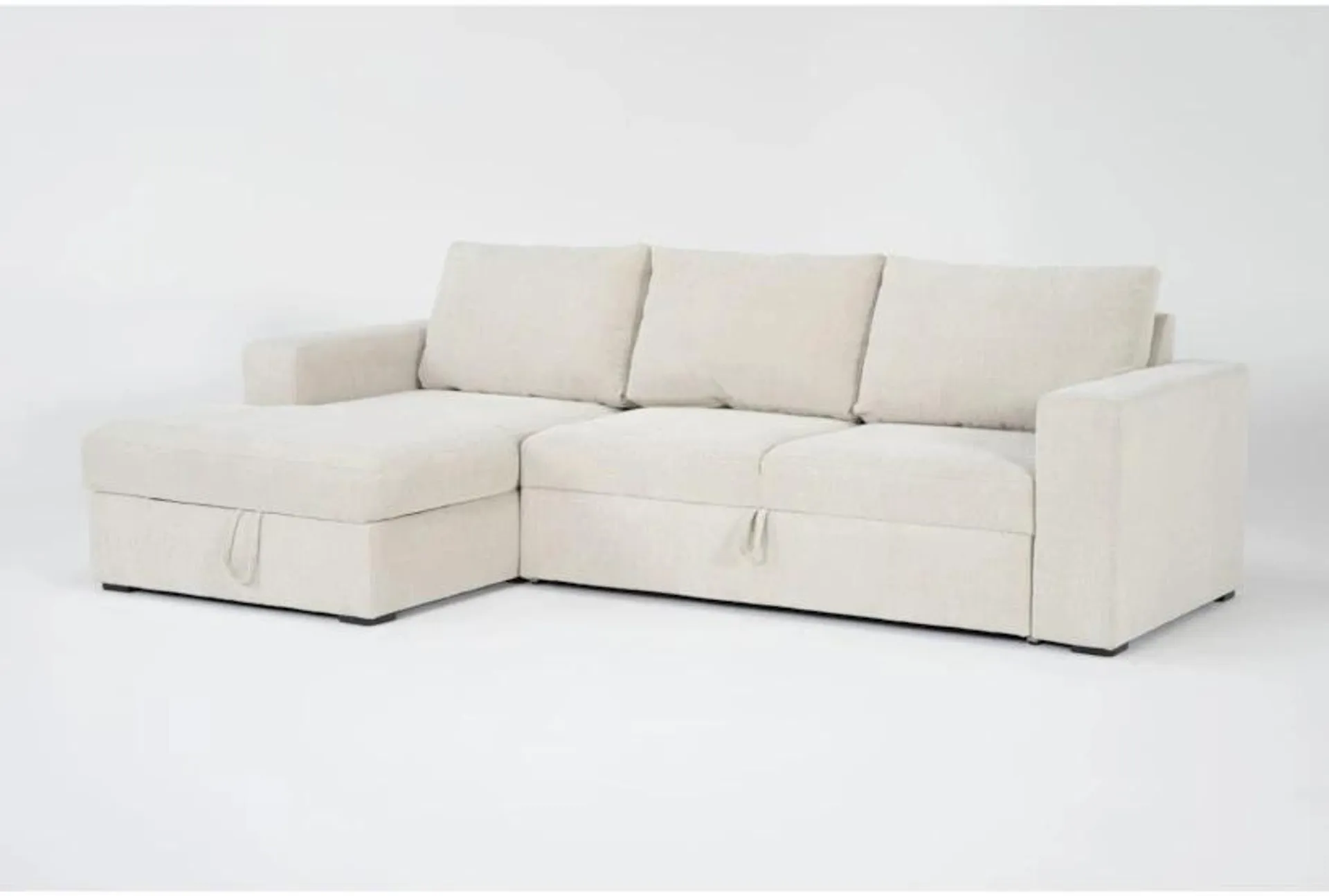 Sebastian Cream White Beige Fabric 111" 2 Piece Convertible Futon Sleeper Sectional with Left Arm Facing Storage Chaise | Track Arms