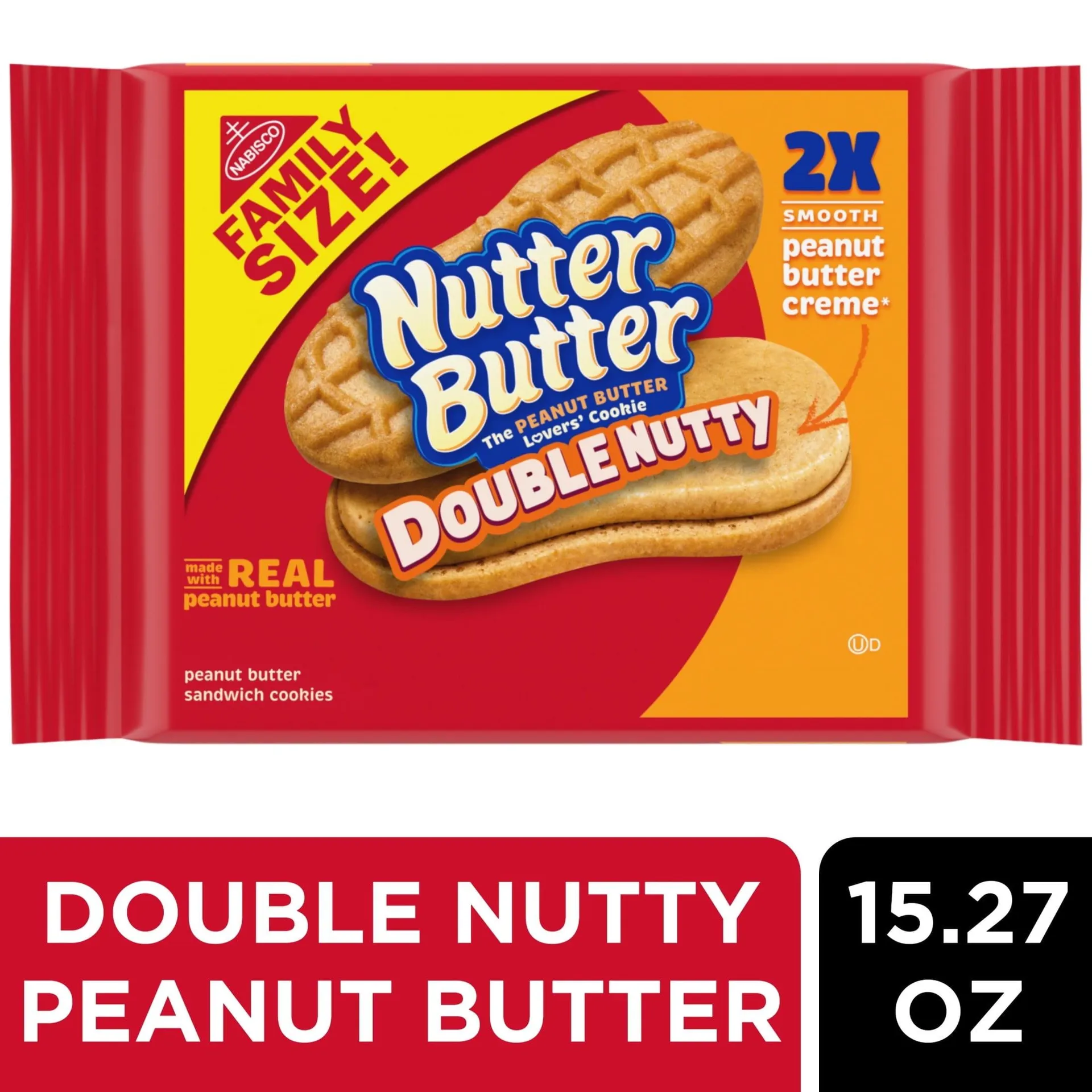 Nutter Butter Double Nutty Peanut Butter Sandwich Cookies, Family Size, 15.27 oz