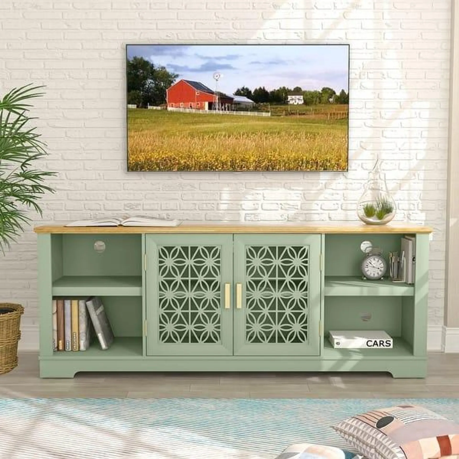 70 in. Rustic Decorative Floral Door TV Stand for up to 80" TVs