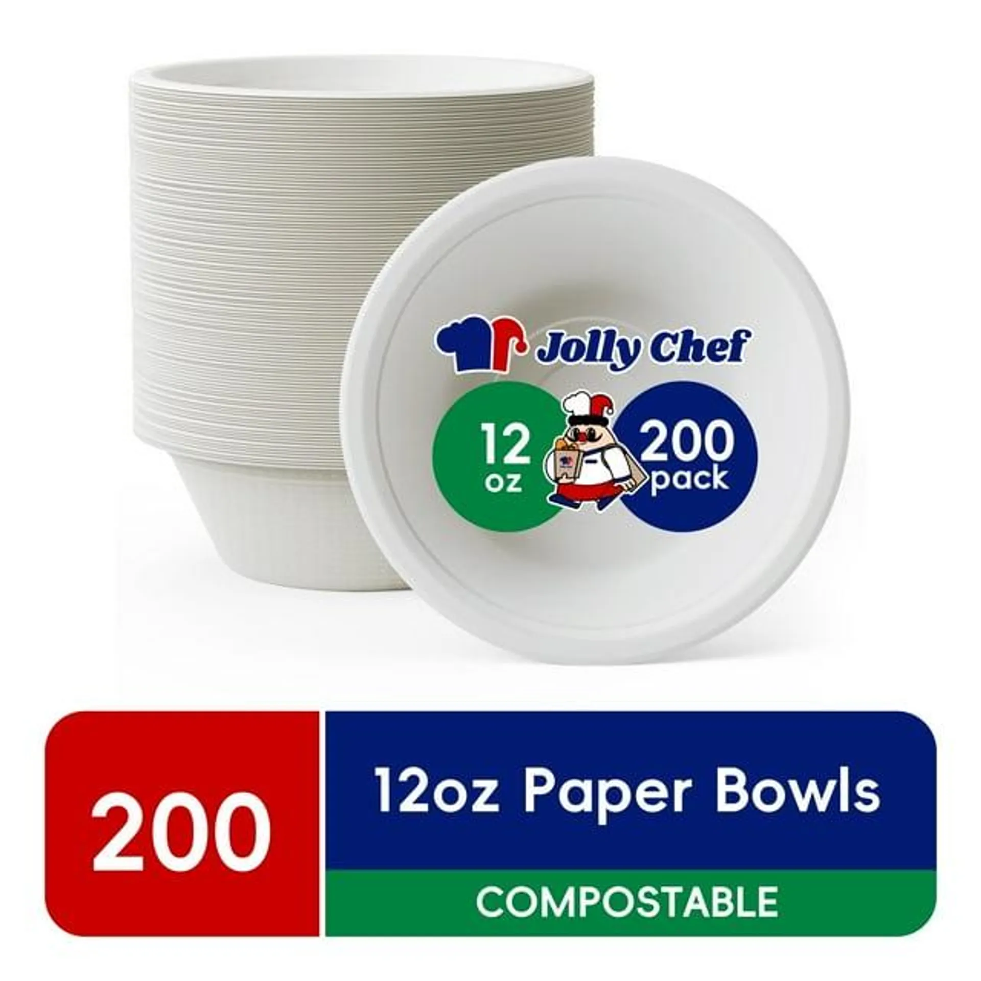 JOLLY CHEF Compostable Disposable Paper Bowls,12 Ounce,200 Count