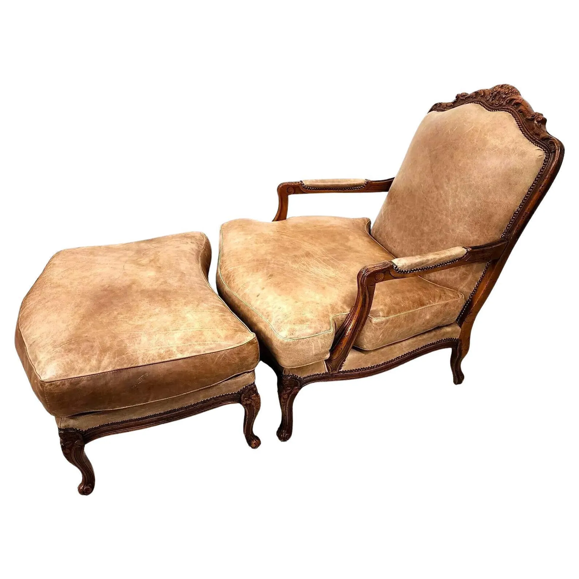 Chateau Dax Leather Lounge Chair & Ottoman French Provincial