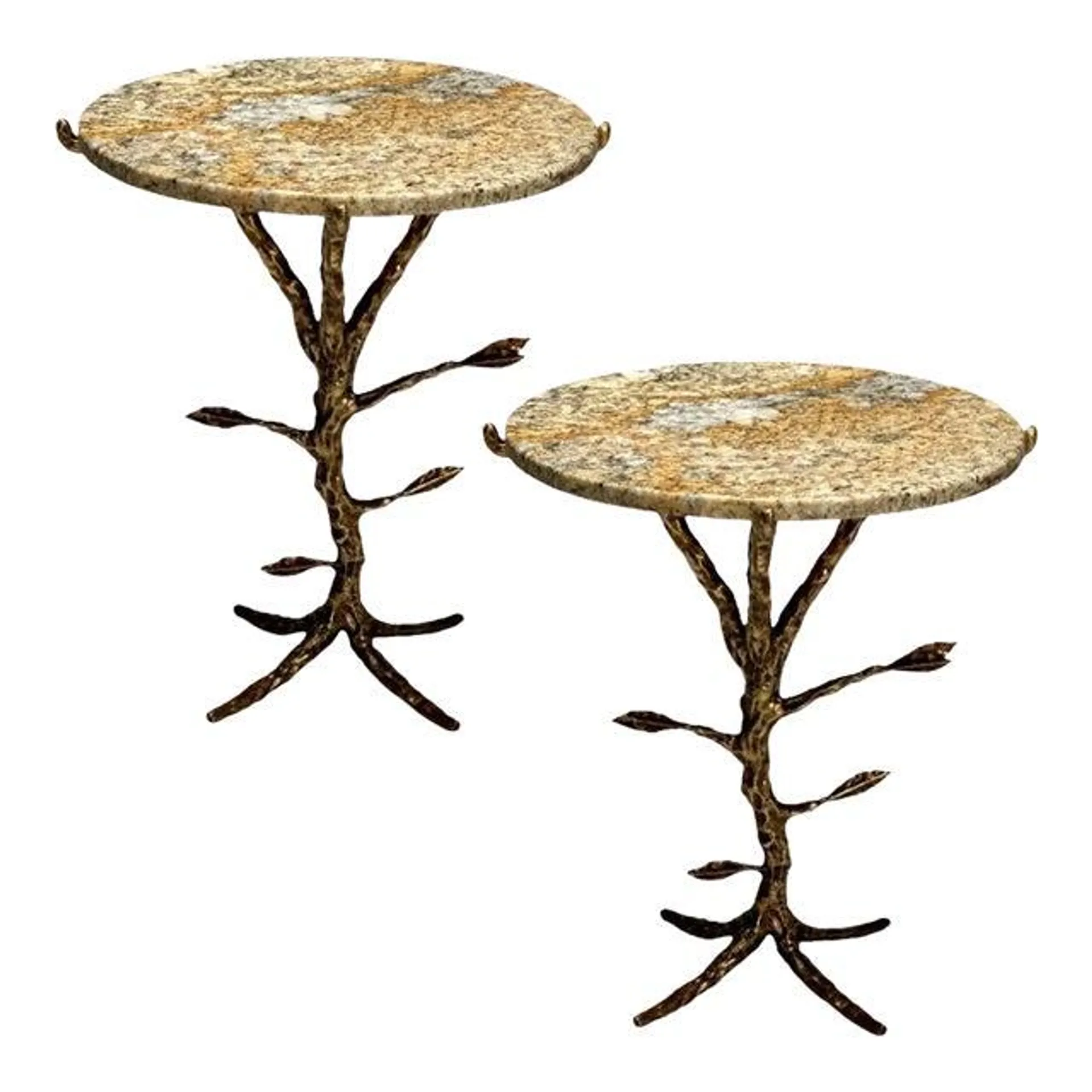 Giacometti Style, Modern Branch Side Tables, Hammered Bronze, Marble