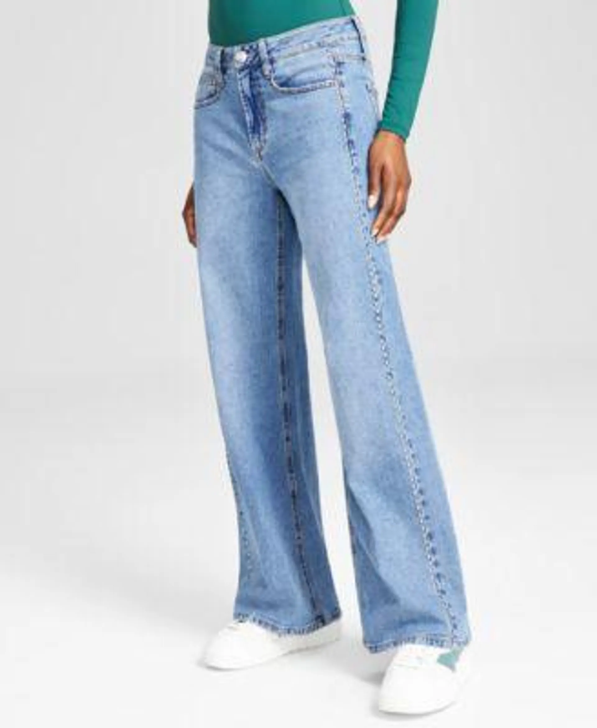 Women's Studded Wide-Leg Mid-Rise Jeans, Created for Macy's