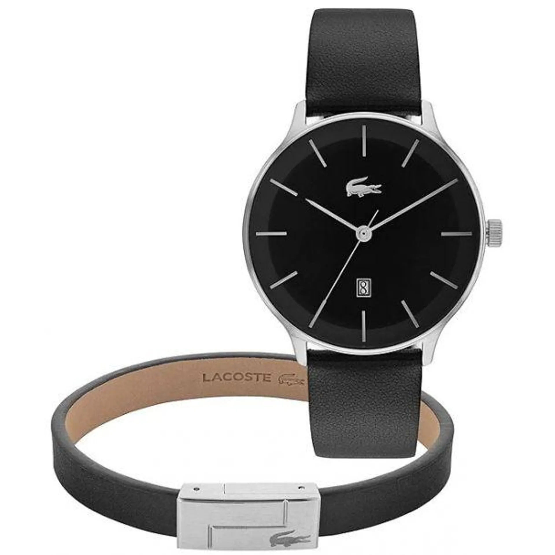 Lacoste Men's Lacoste Club Three-Hand Black Leather Strap Watch and Black Leather Line Bracelet