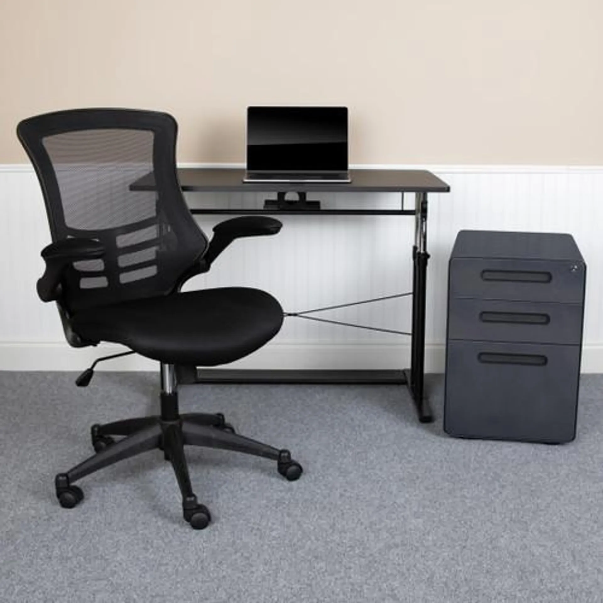 Work From Home Kit - Adjustable Computer Desk, Ergonomic Mesh Office Chair and Locking Mobile Filing Cabinet with Inset Handles - BLNNAN21APX5LBKGG