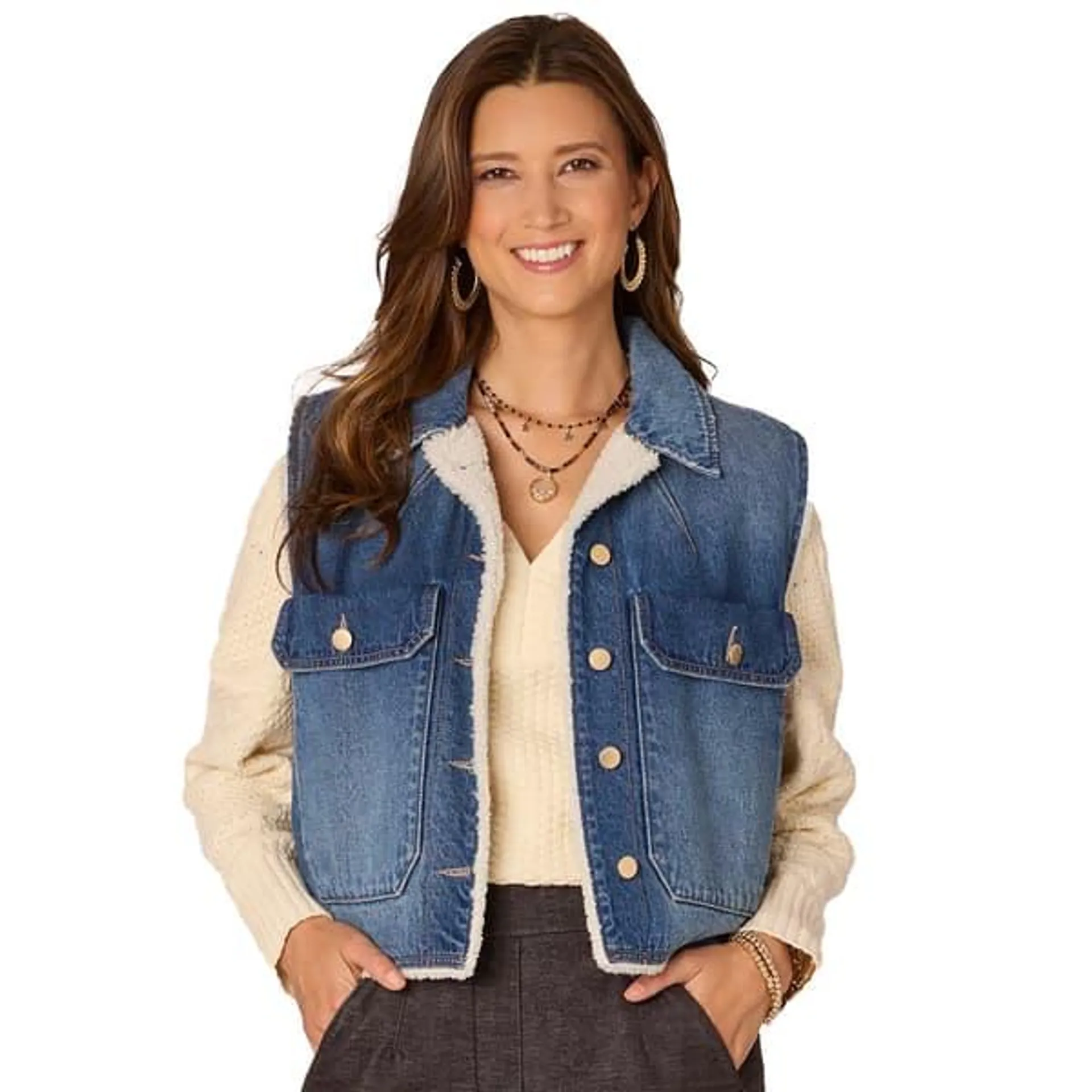 Womens Democracy Denim Vest w/Oversized Pockets & Sherpa Lining