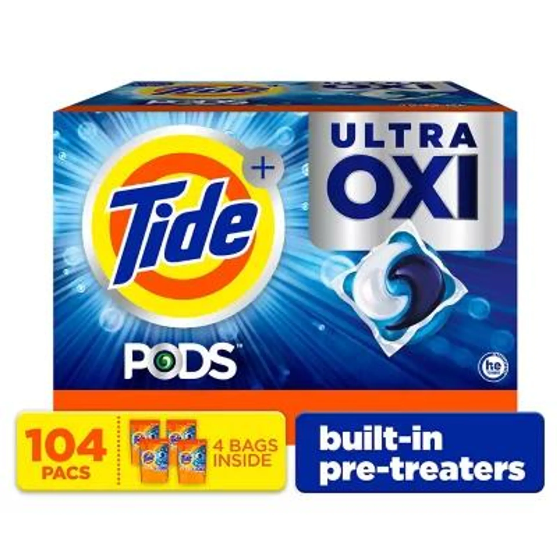 Tide PODS Liquid Detergent Pacs, 4-in-1 Ultra Oxi, 104 ct.