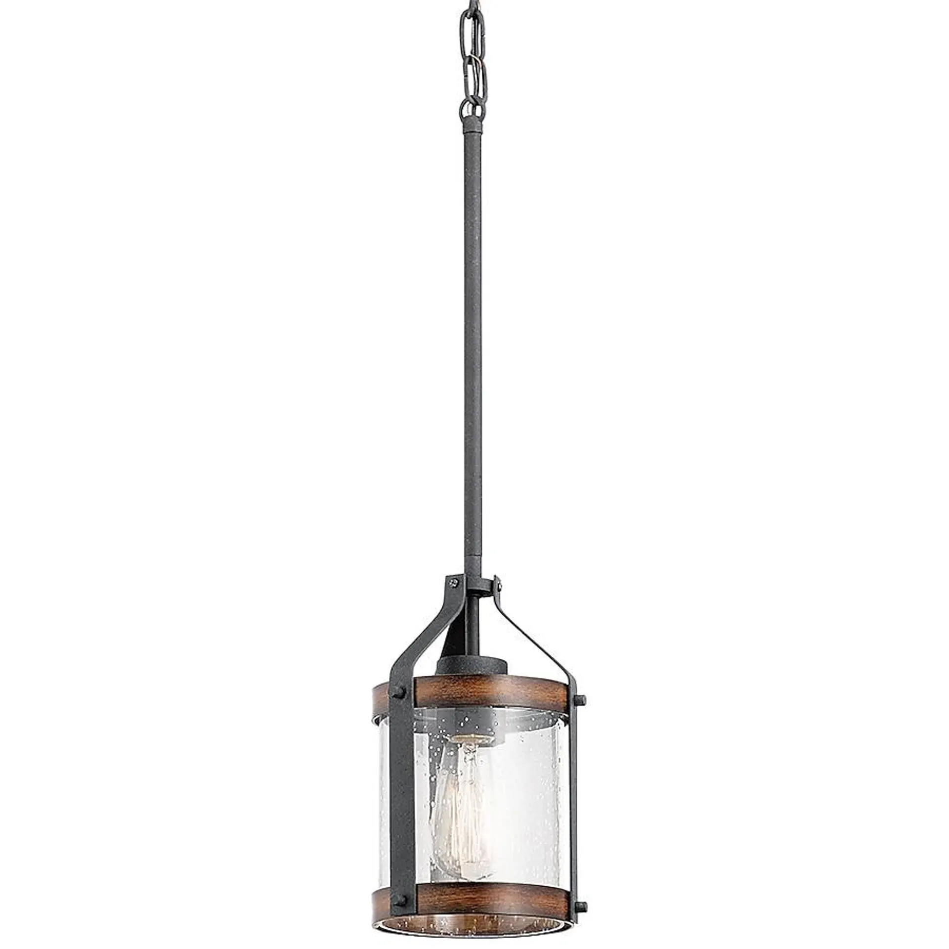 Kichler Barrington Distressed Black and Wood Tone Rustic Seeded Glass Cylinder Mini Hanging Pendant Light