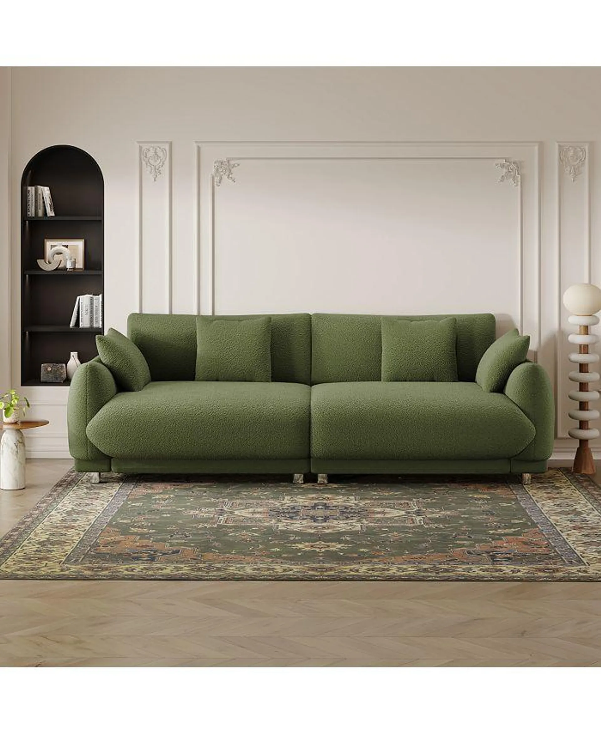 86.6" green teddy wool sofa, with pillows & hardware feet