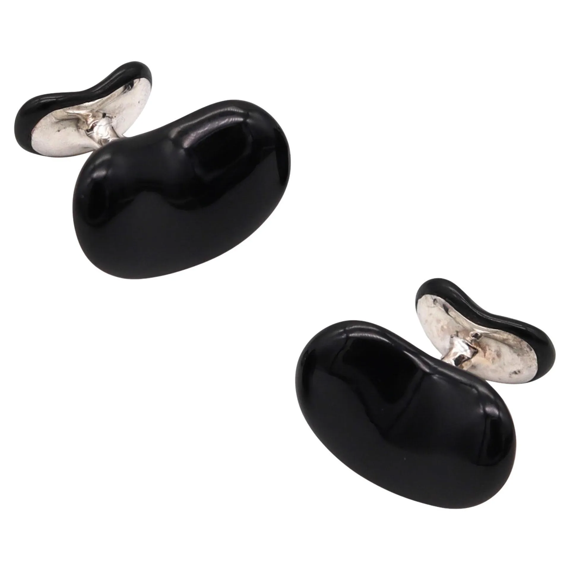 TIFFANY & CO. 1980 Elsa Peretti Beans Cufflinks In .925 Sterling With Black Jade