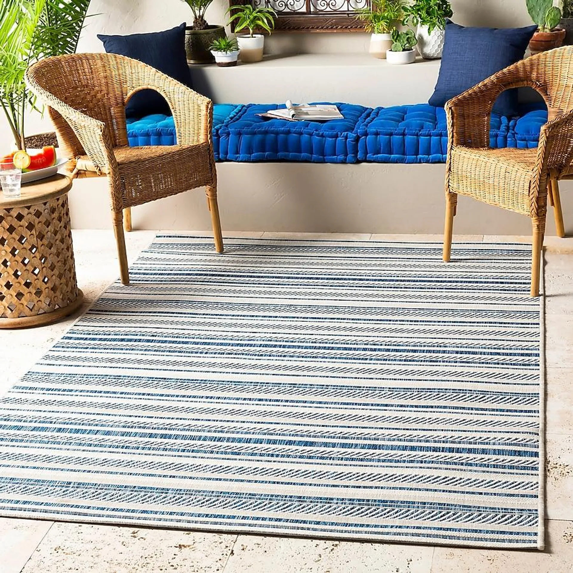 Livabliss Eagean 8 X 10 (ft) Navy Indoor/Outdoor Stripe Moroccan Area Rug