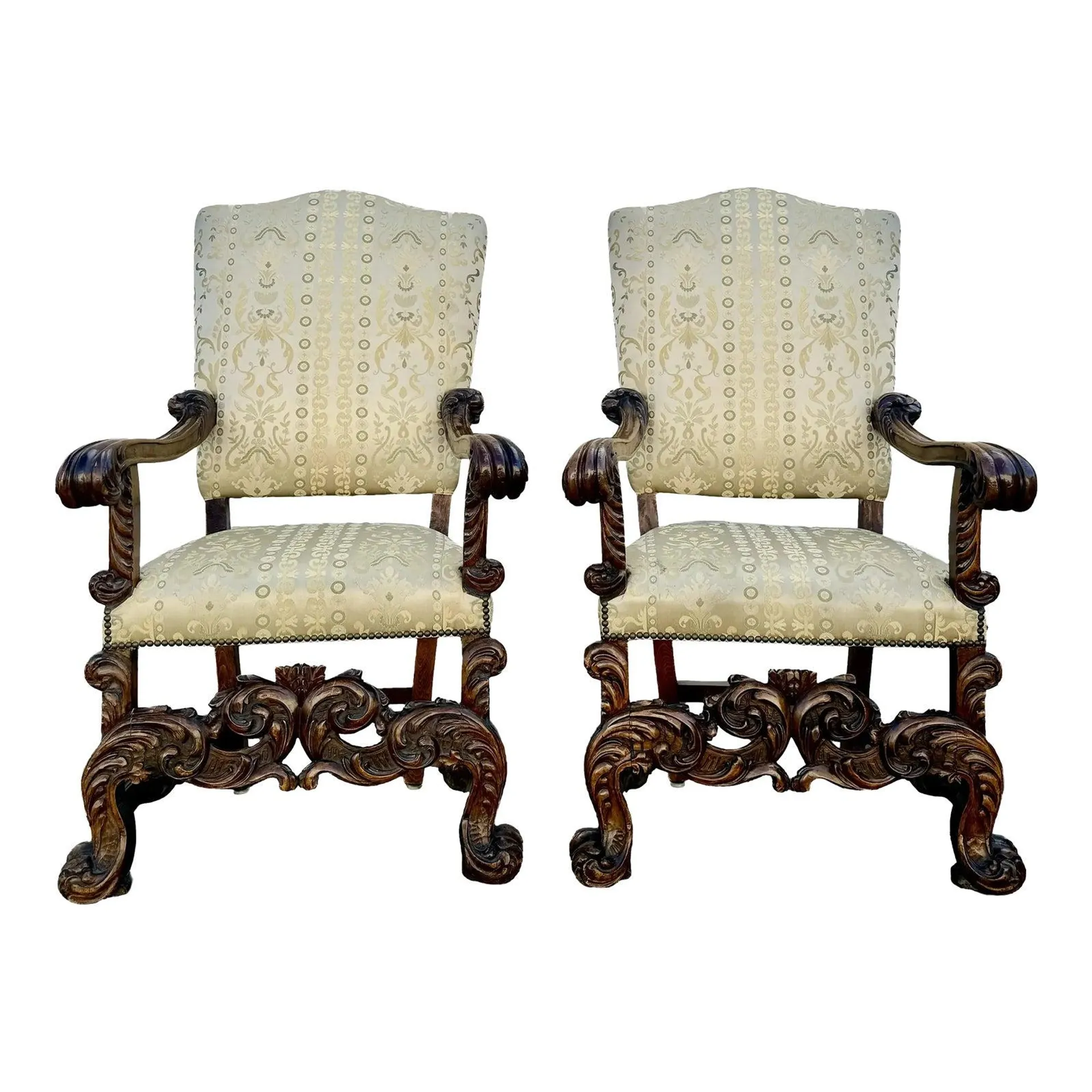 Vintage Italian Carved Wood Armchairs- a Pair