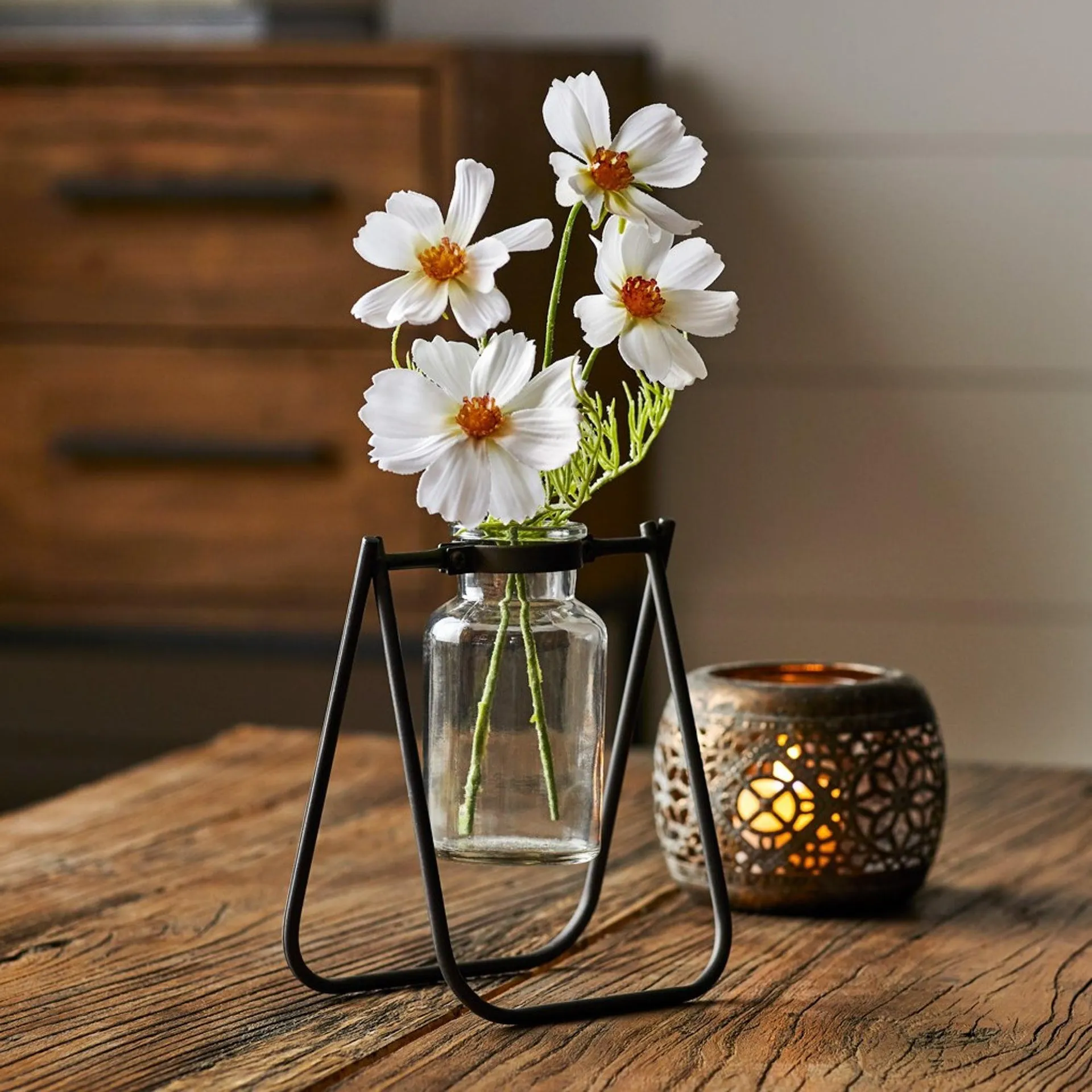 Hanging Glass Jar Vase with Metal Stand, Set of 2