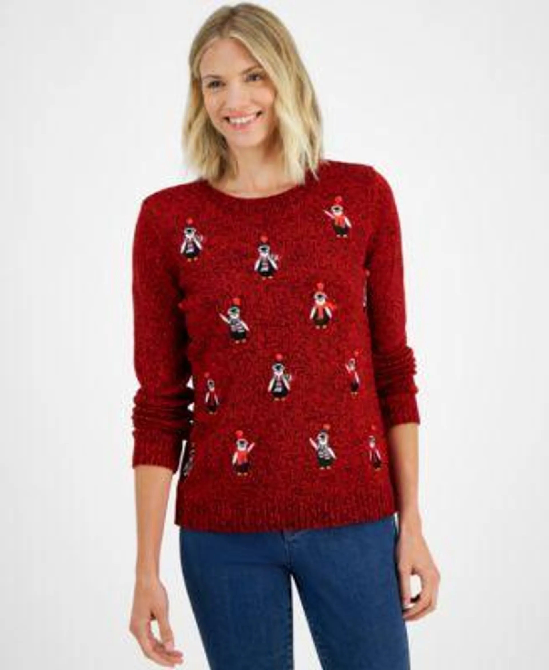 Women's Fuzzy Penguins Crewneck Sweater, Created for Macy's