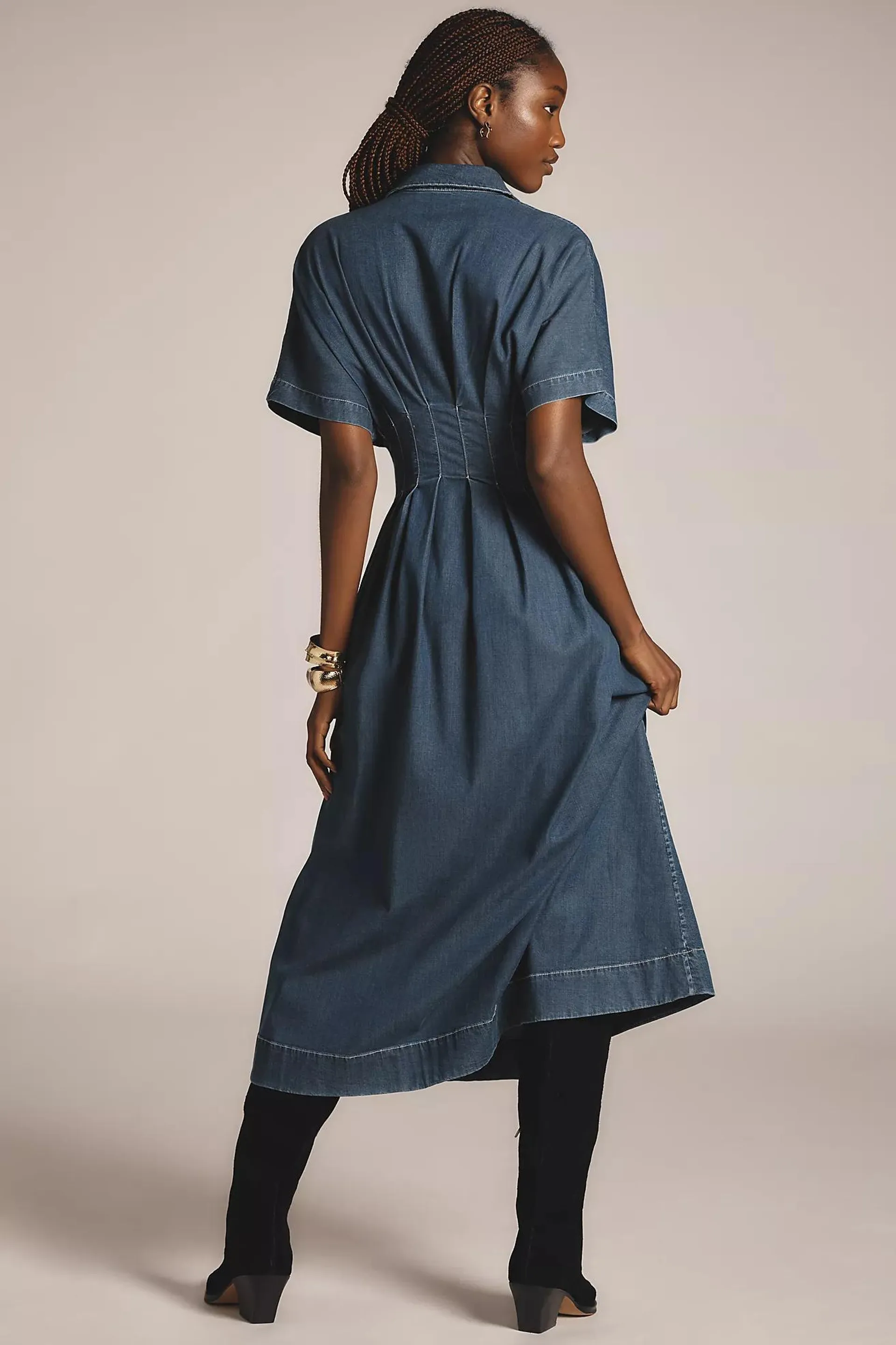 The Tobie Button-Front Pleated Shirt Dress by Exquise: Denim Edition