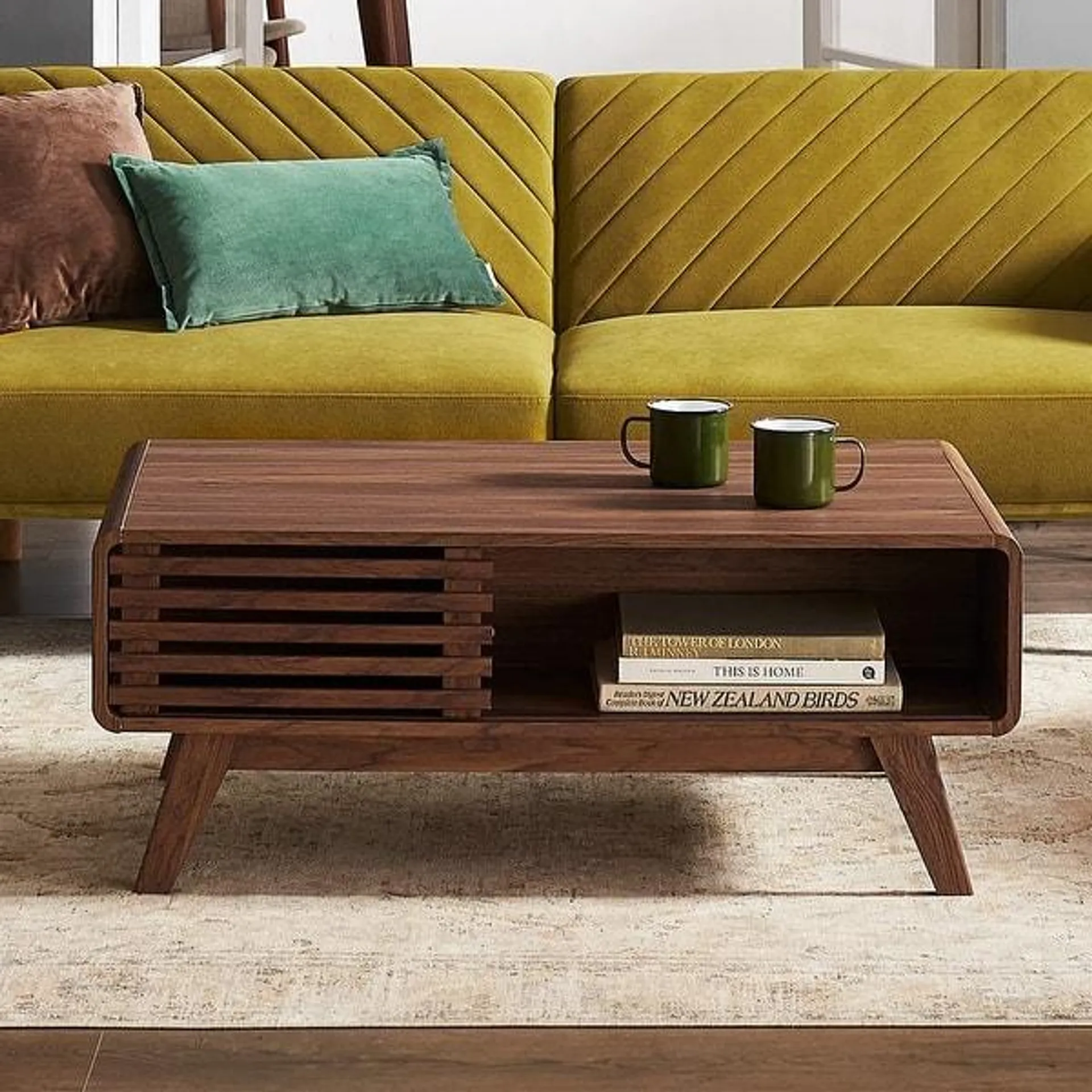 Mopio Ensley Mid-Century Modern Coffee Table with dual side storage, Centerpiece for your living room