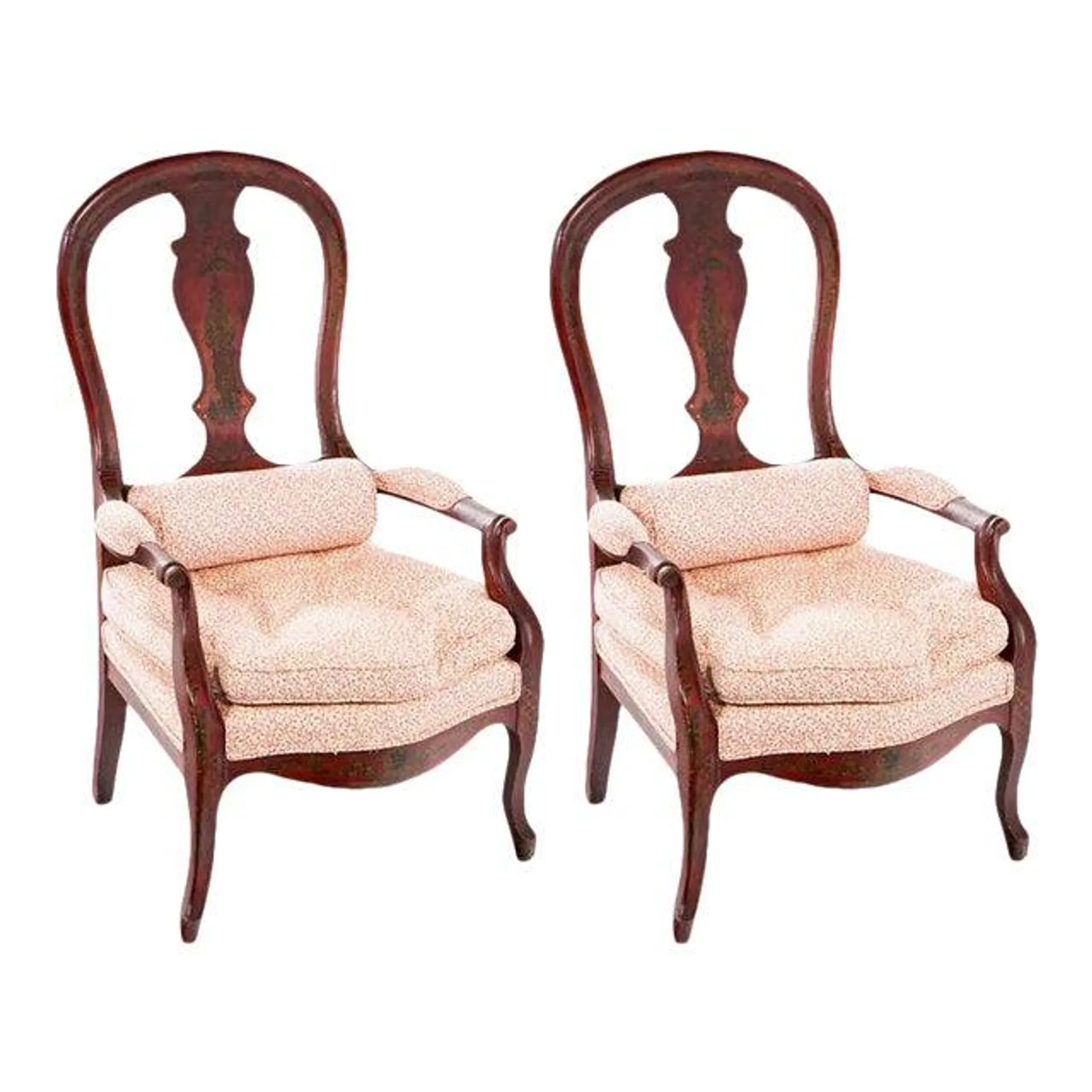 Circa 1860 Red Lacquered French Arm Chairs, a Pair