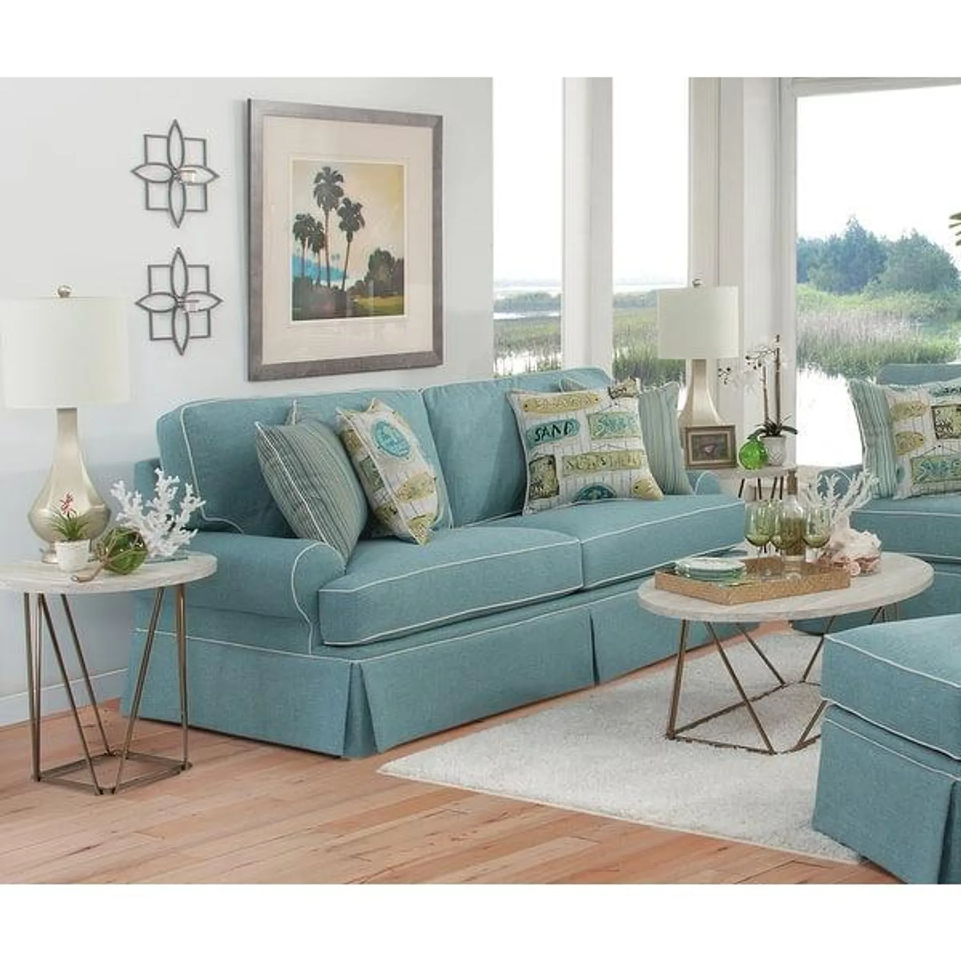 American Furniture Classics Model Coastal Aqua Series Sofa with Four Accent Pillows