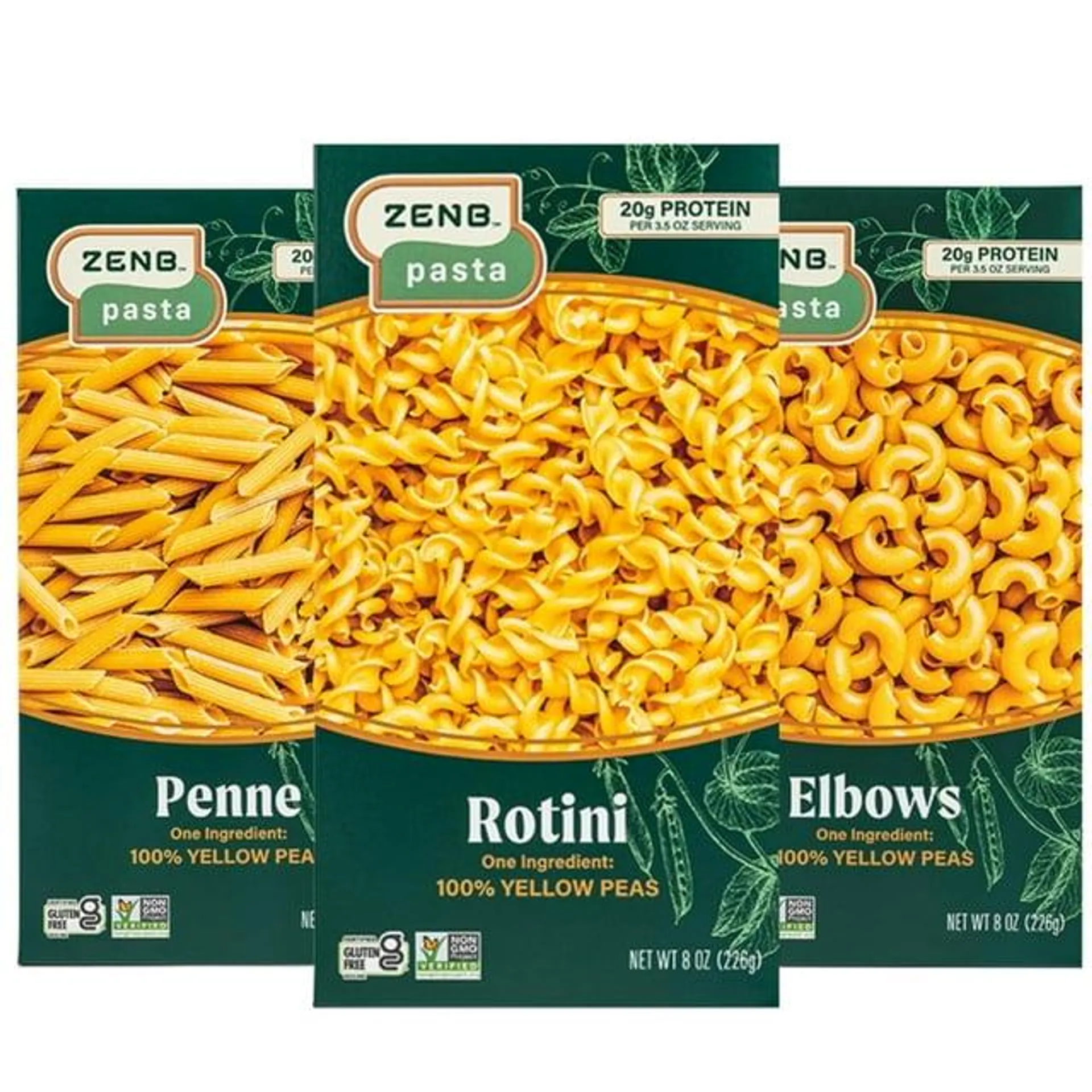 ZENB Plant Based Rotini, Elbow, and Penne Variety Pack Pasta - Made From 100% Yellow Peas, Gluten Free, Non-GMO & Vegan, 20g of Protein & 12g of Fiber In Each Serving - (Pack of 3)