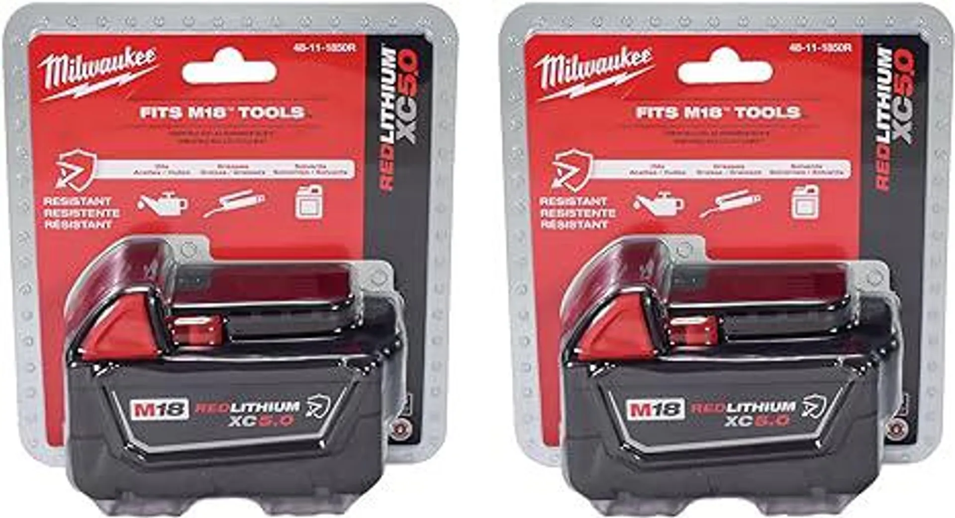 Milwaukee 48-11-1850R M18 18V 5Ah XC Extended Capacity Resistant Battery 2 Pack, (48-11-1850Rx2)