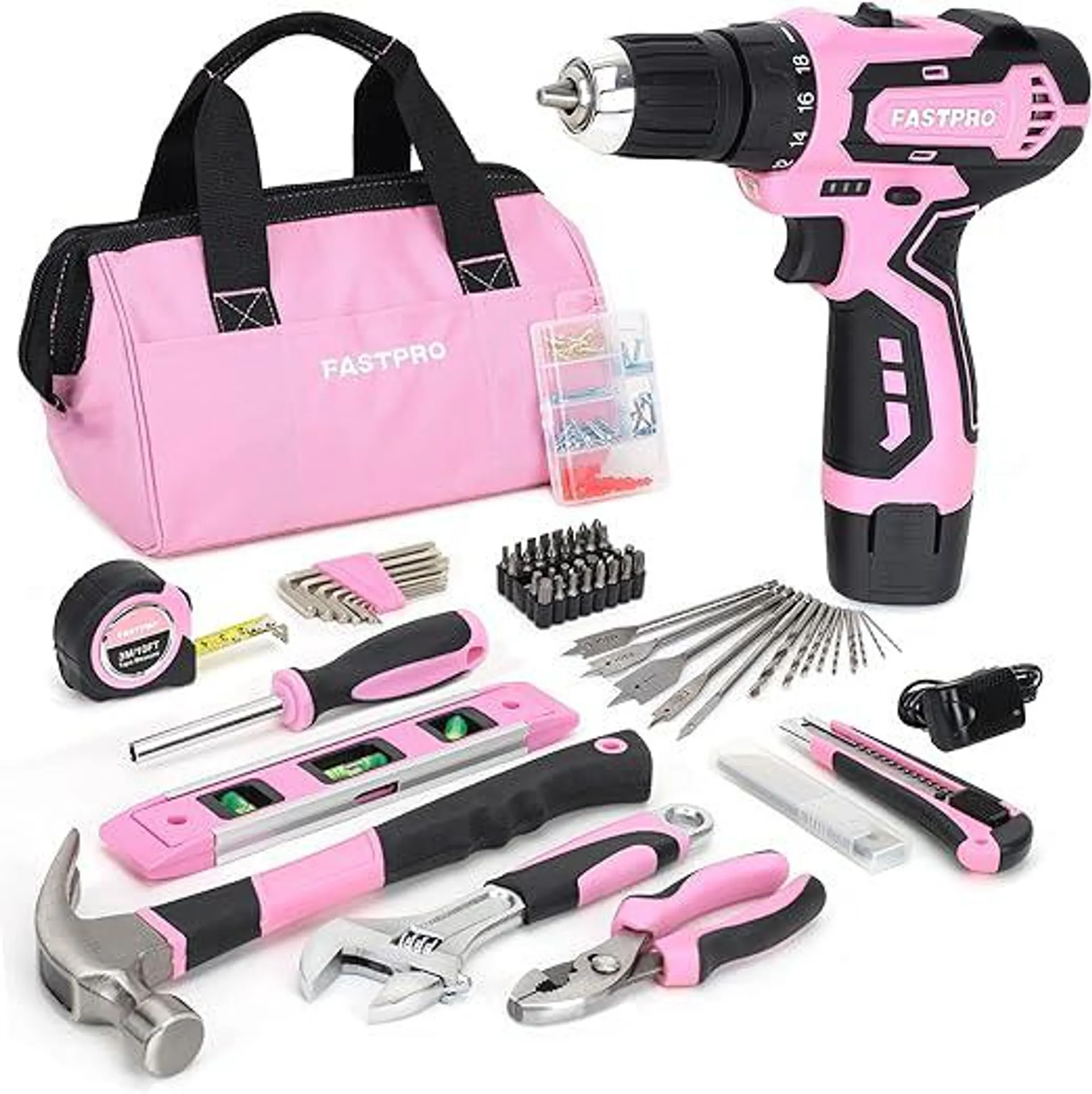 FASTPRO 175-Piece 12V Pink Drill Set, Cordless Lithium-ion Driver and Tool Kit, House Repairing Tool with 12-Inch Storage Bag, For DIY, Home Maintenance.