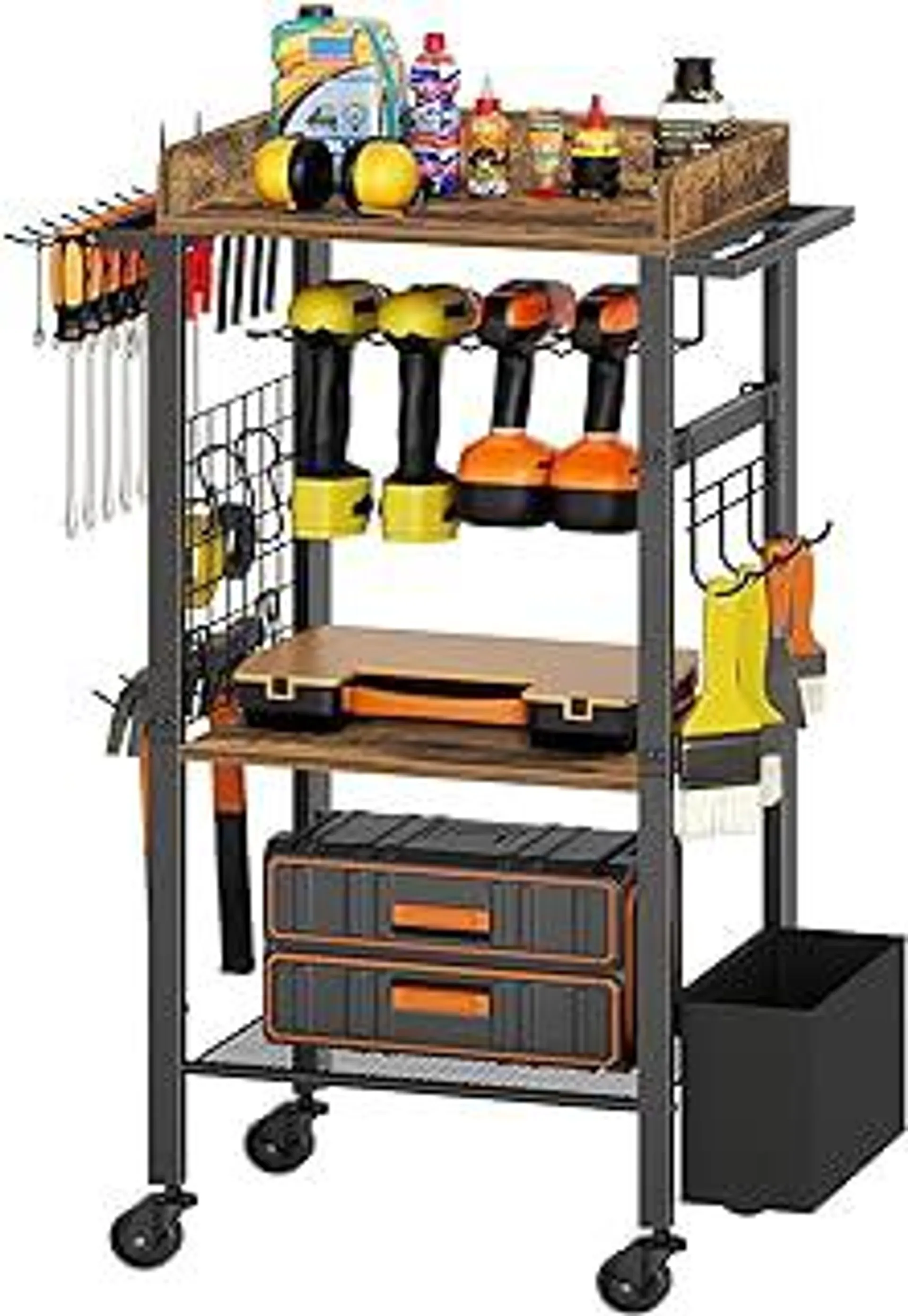 Power Tool Organizer Cart, 4 Drill Holder with Tool Box, Garage Tool Holder Drill Rack Shelf with 2 Side Hooks, Rolling Heavy Duty, Rustic Brown UR02BR