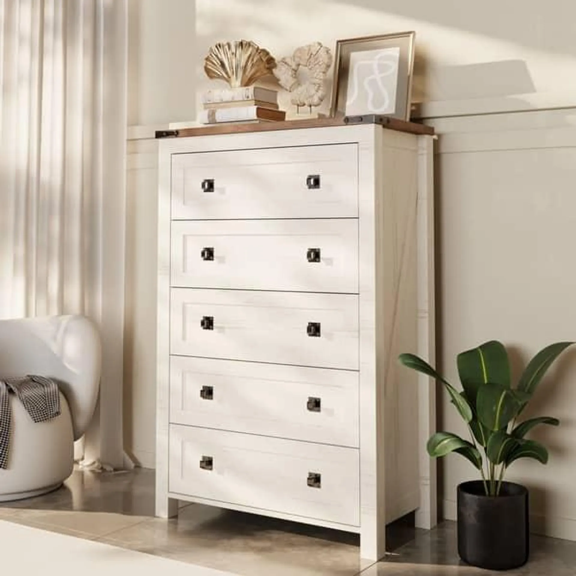 48" Tall Farmhouse 5 Drawer Wood Dresser, Chest of Drawers for Bedroom