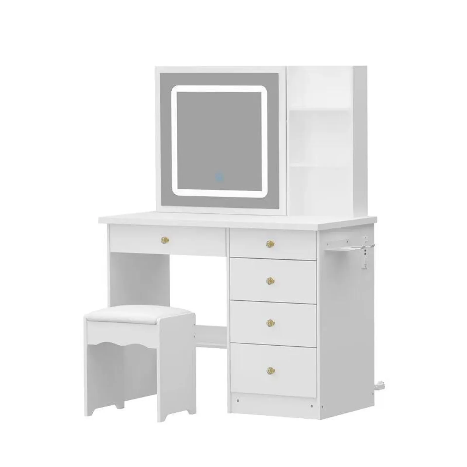 White Makeup Vanity Set Dressing Table with Sliding LED Lighted Mirror Power Strip and Hair Dryer Holder, Drawers, Stool