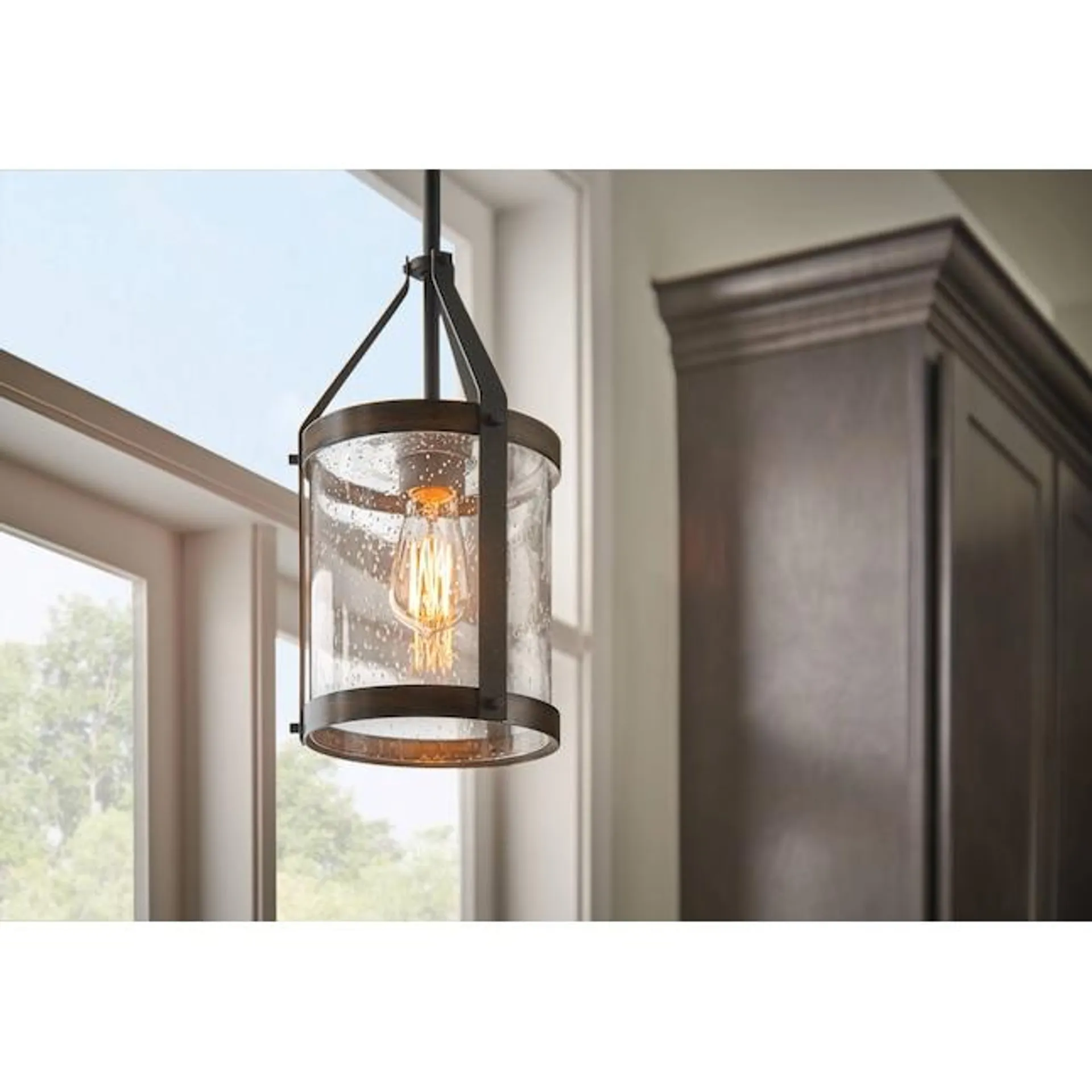 Kichler Barrington Distressed Black and Wood Tone Rustic Seeded Glass Cylinder Mini Hanging Pendant Light