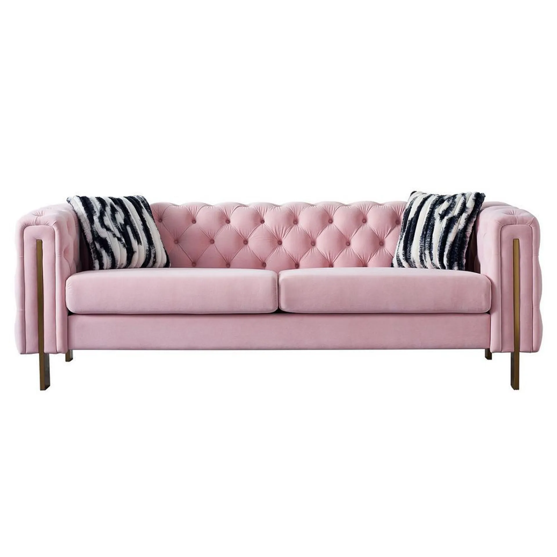 Davenport Pink Velvet Tuft Sofa with Pillows