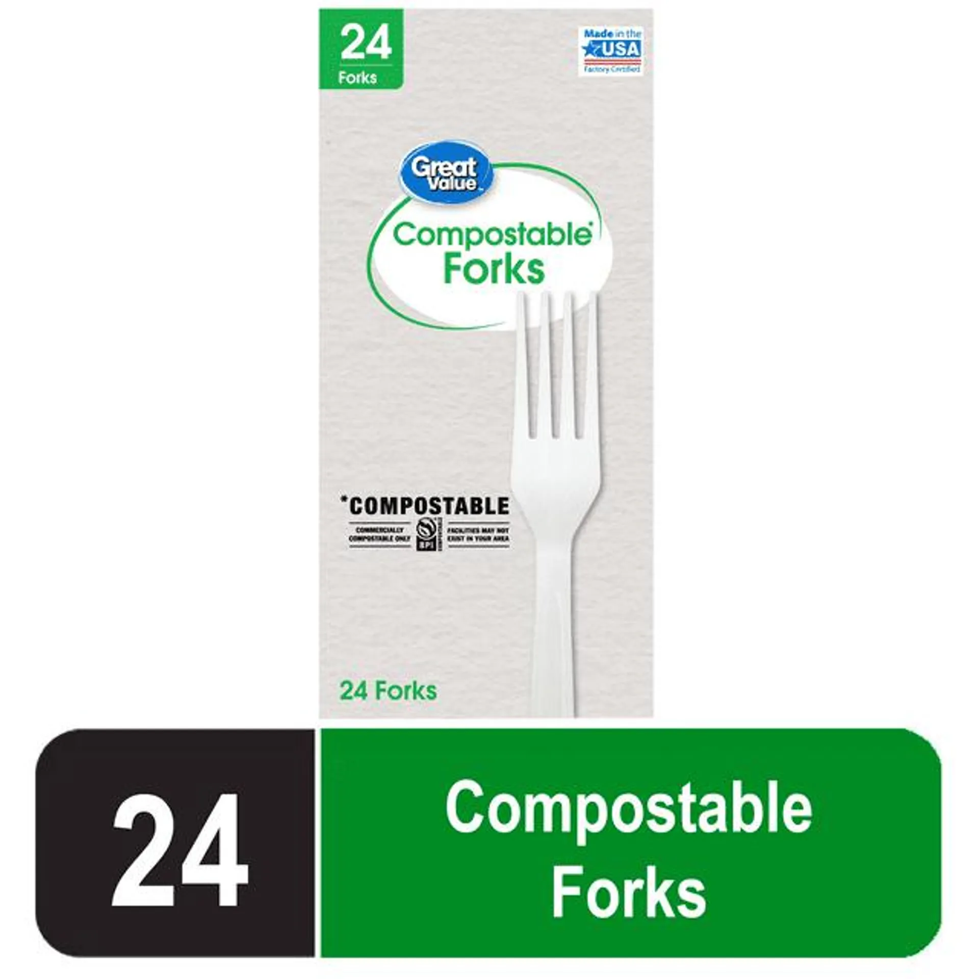 Great Value Disposable Compostable Forks, White, 24 Count