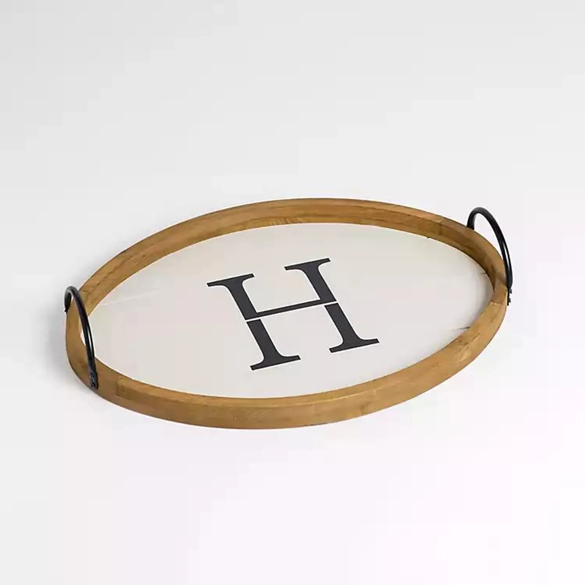 Oval White Wood Monogram H Tray