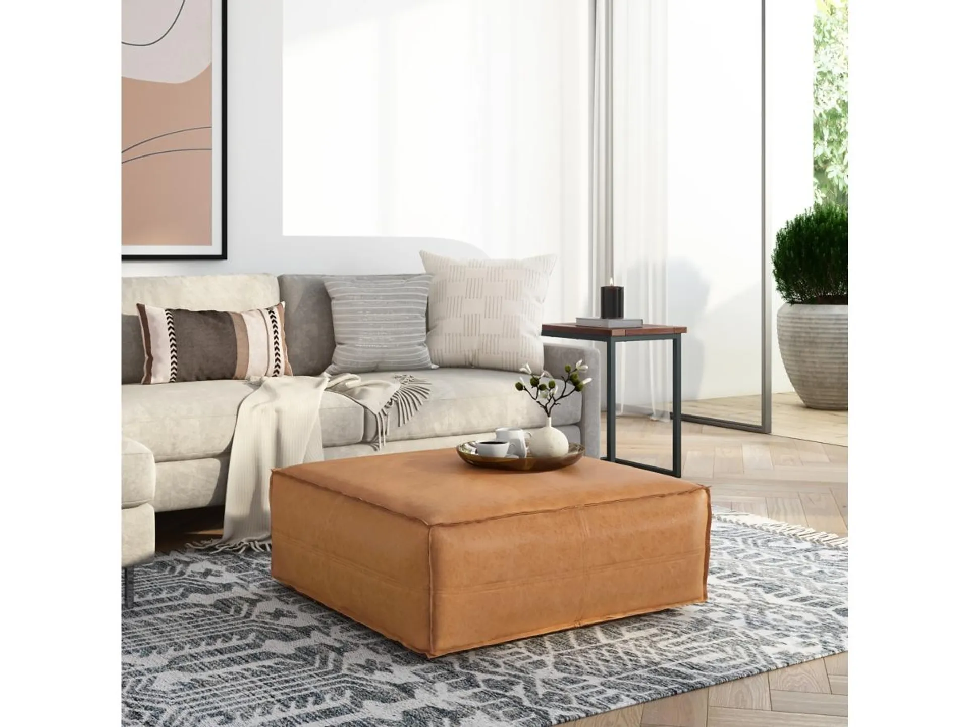 Simpli Home Brody Square Distressed Faux Leather Ottoman