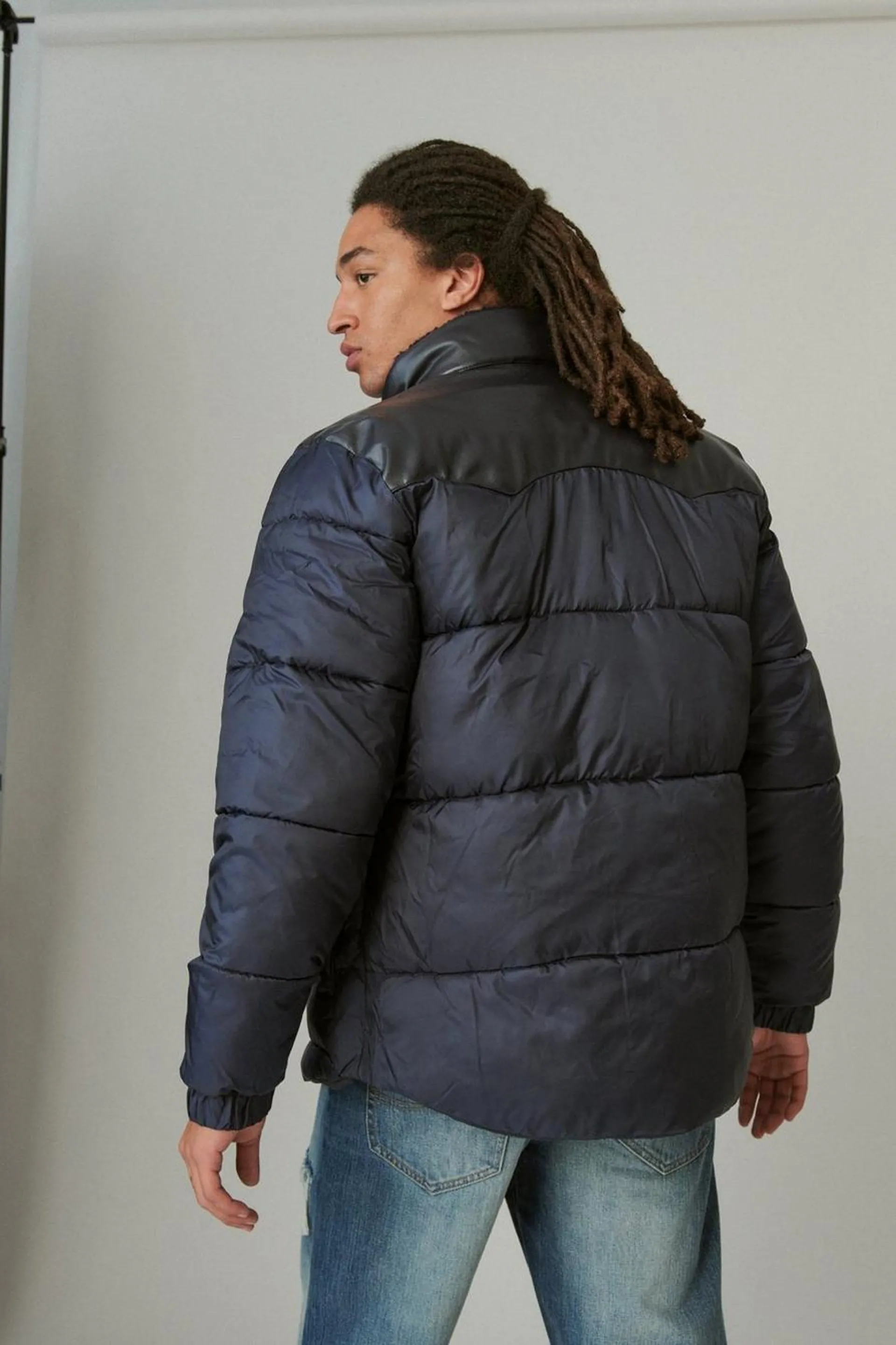 western mixed media quilted puffer jacket