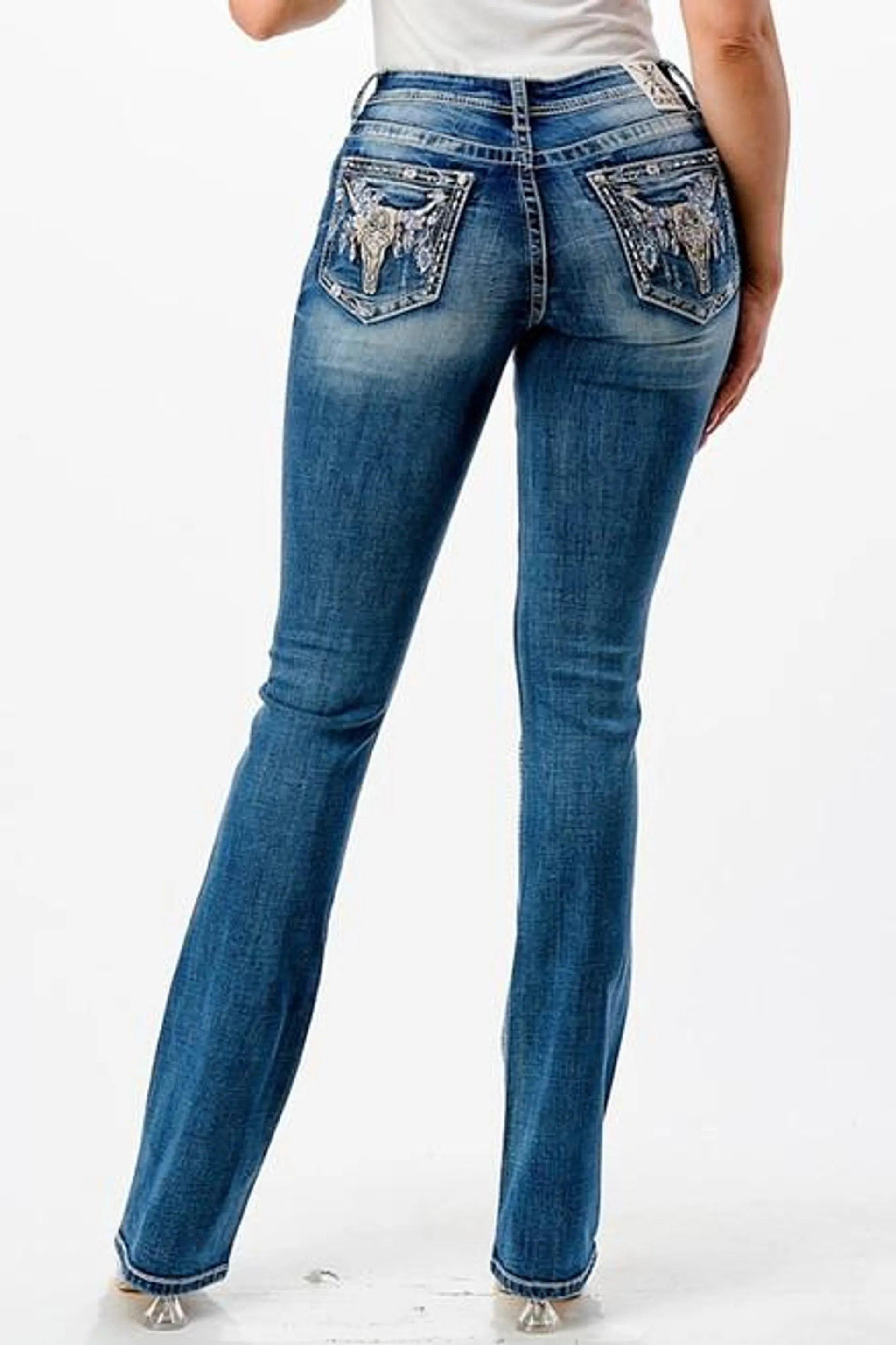 Grace In LA Womens Easy Fit Blue & White Steerhead Embroidery Bootcut Jeans