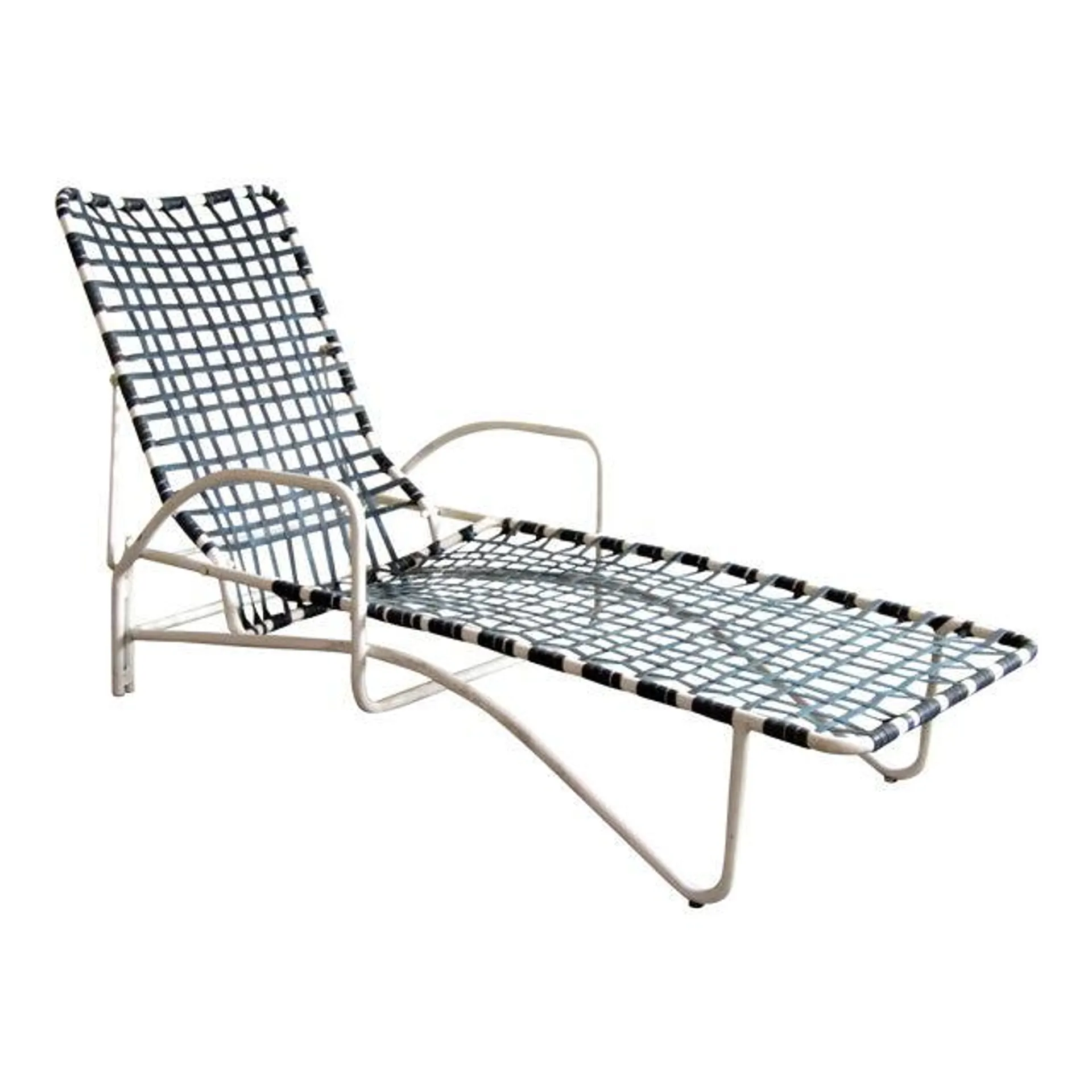 Vintage Brown Jordan Lido Patio Chaise Lounge With White Frame and Blue Strapping