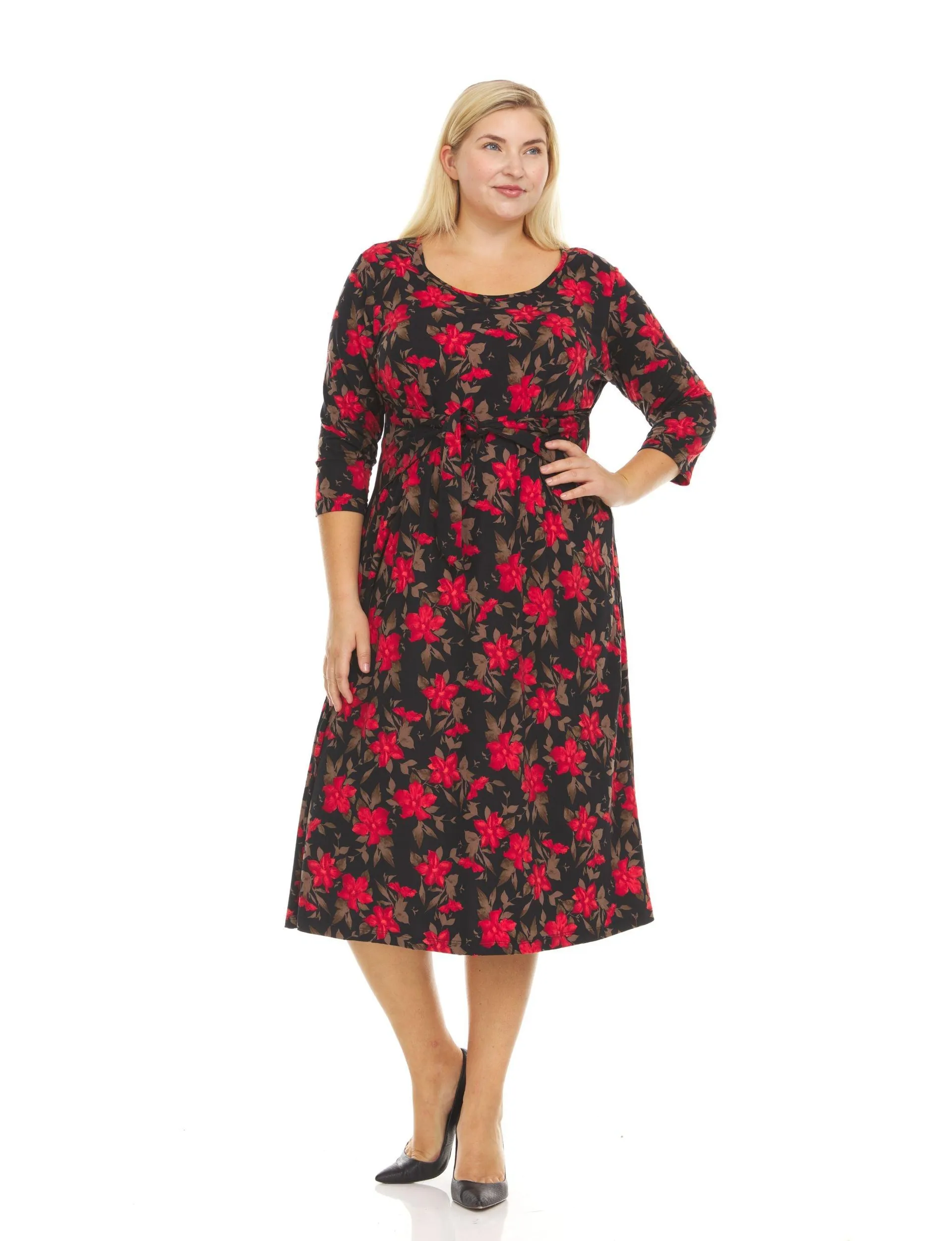 3/4 Sleeve Crew Neck All Over Floral Printed A-Line Midi Dress With Self Tie Belt - Plus