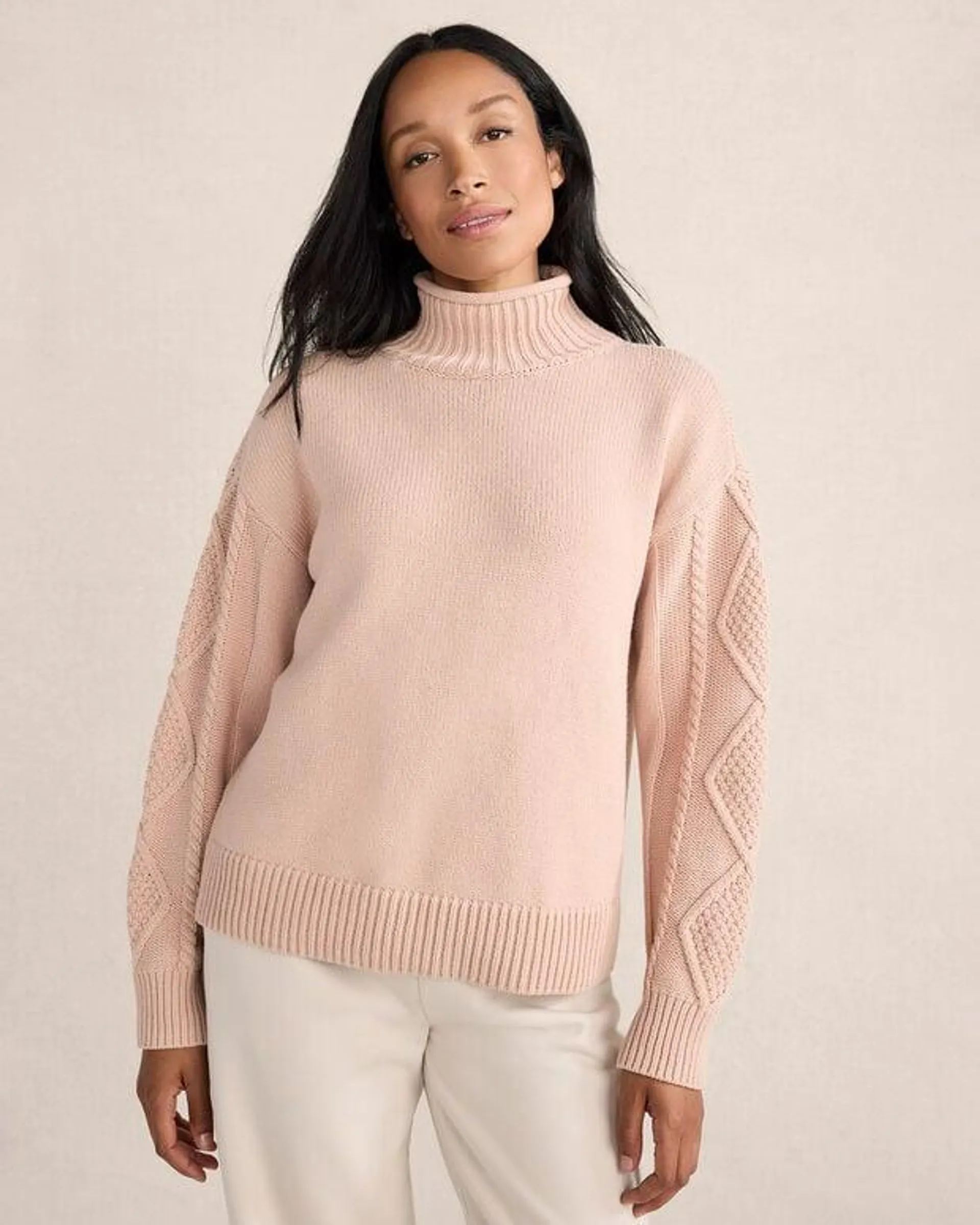 Cotton Cable-Sleeve Rollneck Sweater