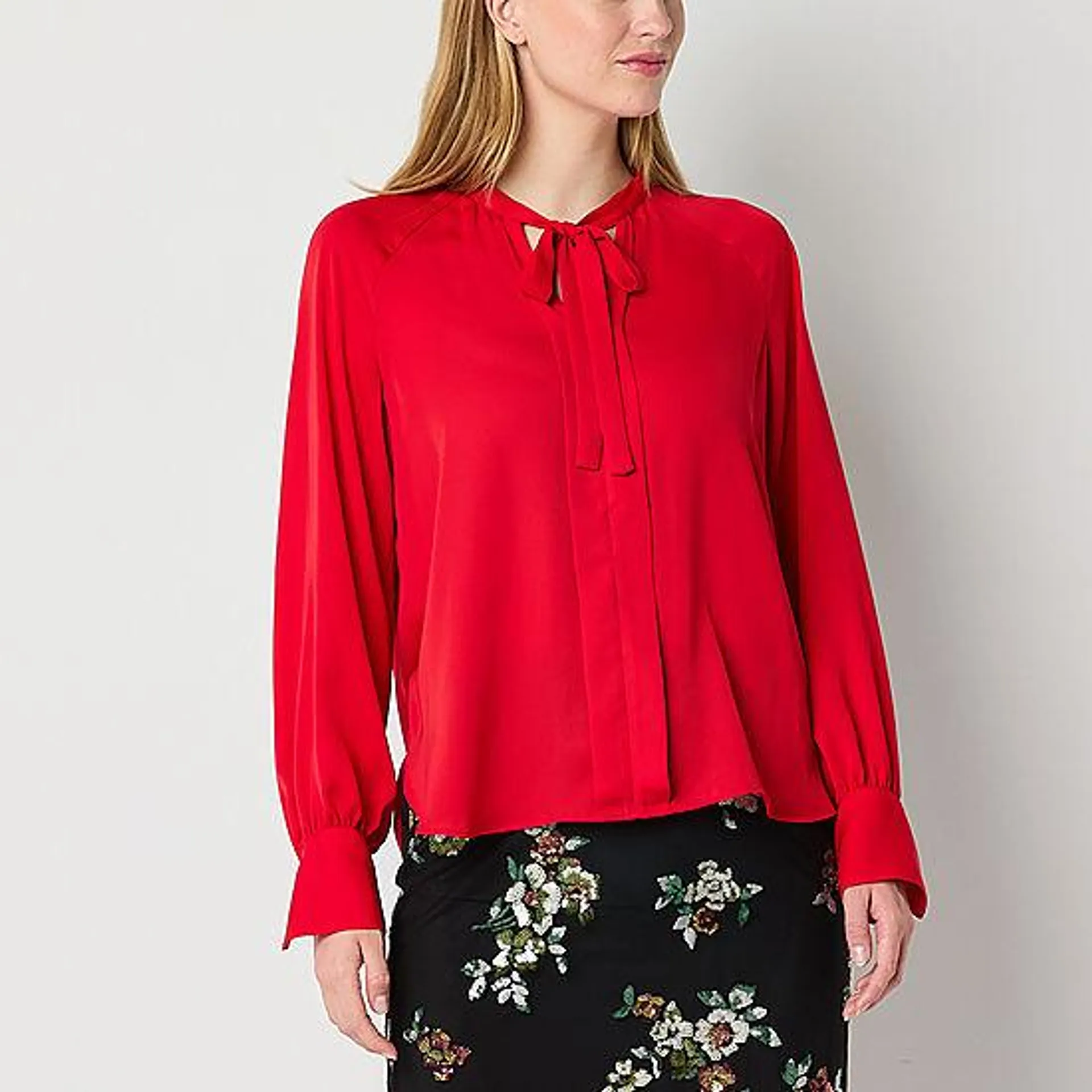 Worthington Womens V Neck Long Sleeve Satin Blouse