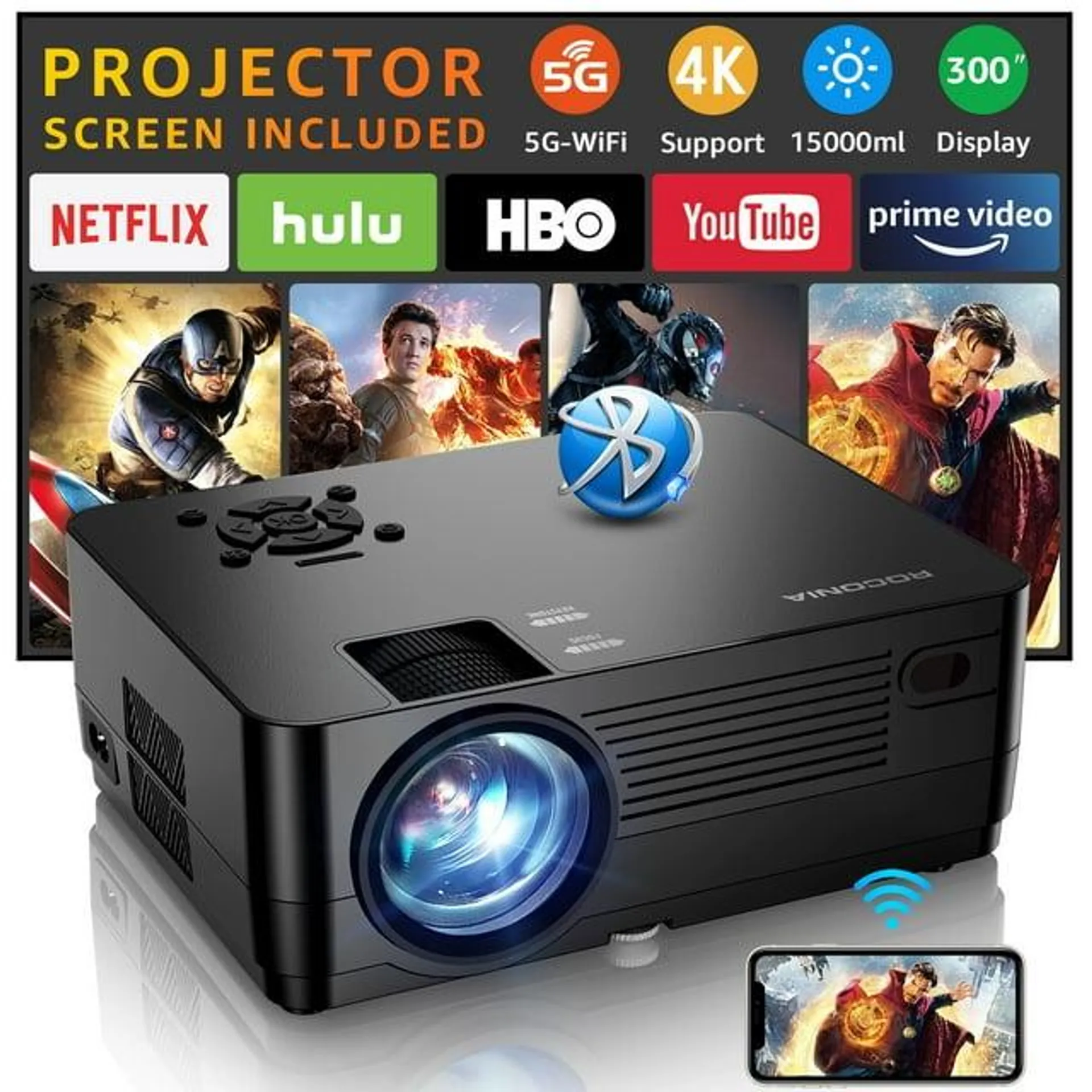 ROCONIA 5G WiFi Bluetooth 4K Support Native 1080P, 15000LM Full HD Movie Projector, LCD Technology 300" Display Home Theater,(Projector Screen Included)