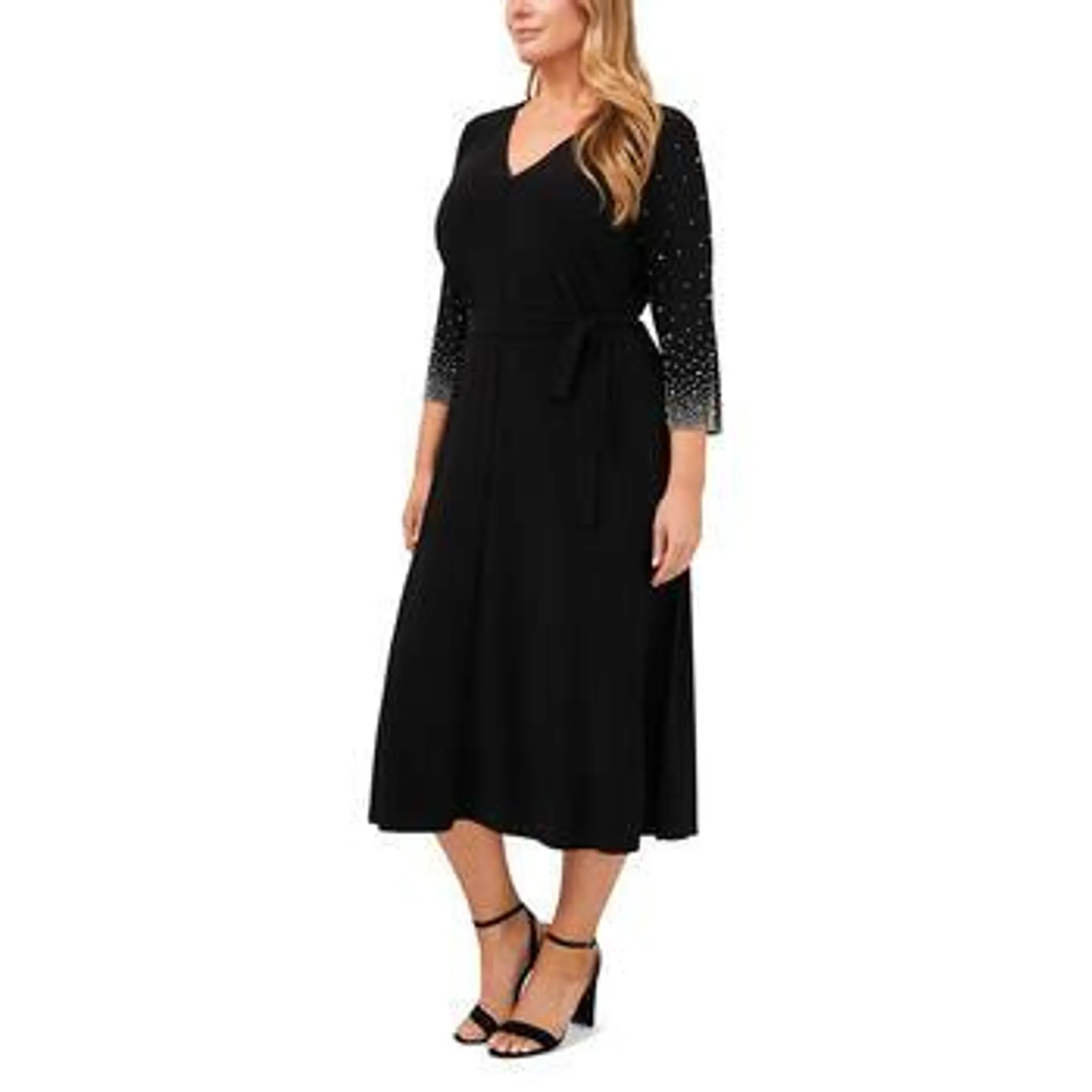 Plus Size MSK 3/4 Sleevel V Neck Bead Trim Sleeve Midi Dress