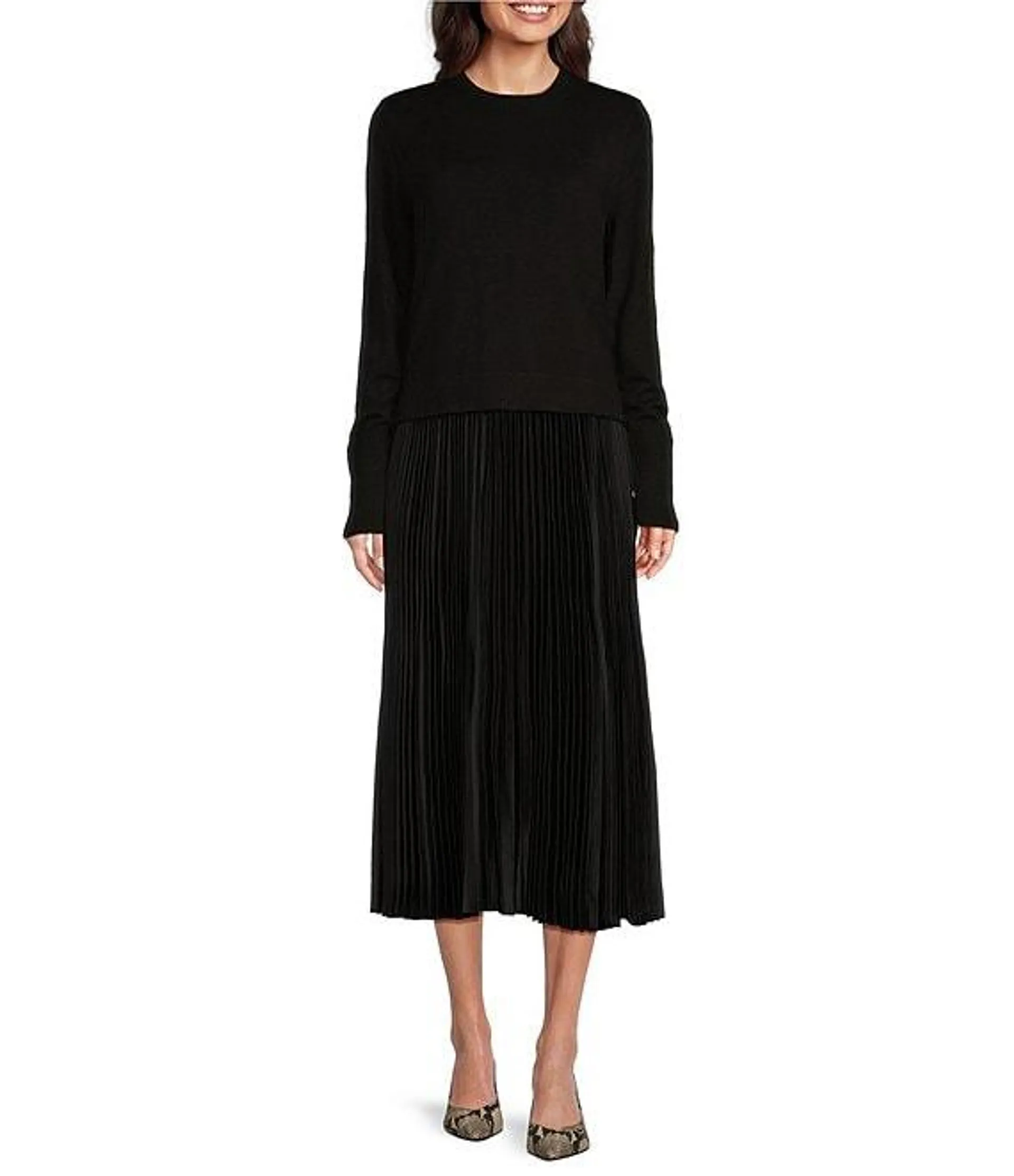 Twofer Long Sleeve Crew Neck Pleated Midi Dress