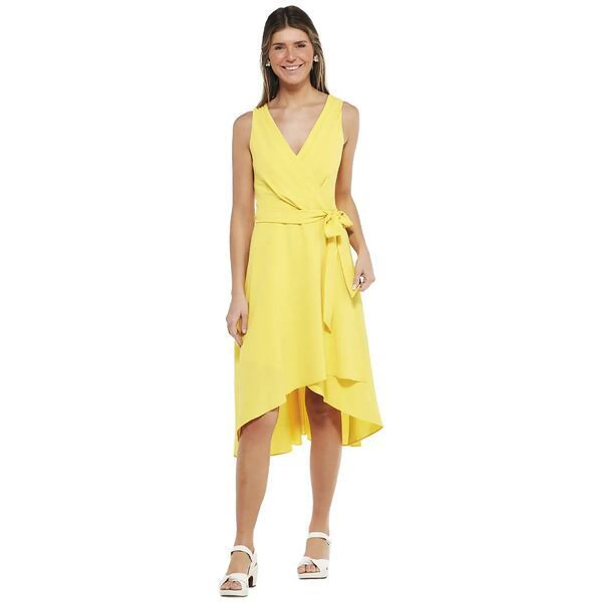 Womens Connected Apparel Sleeveless Solid Tulip Hem Wrap Dress