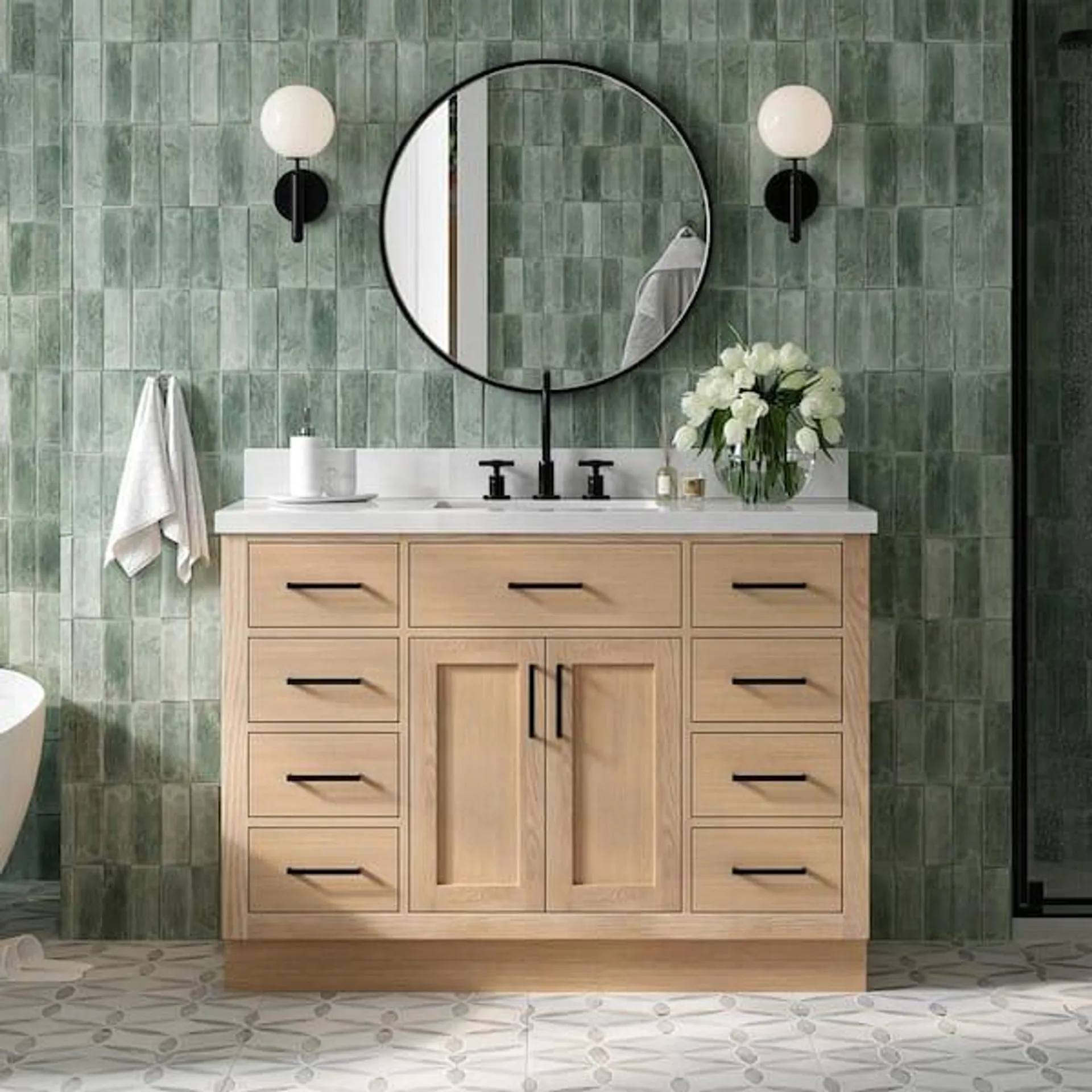 Hepburn 49 in. W x 22 in. D x 36 in. H Single Sink Bath Vanity in Oak with Pure White Quartz Top