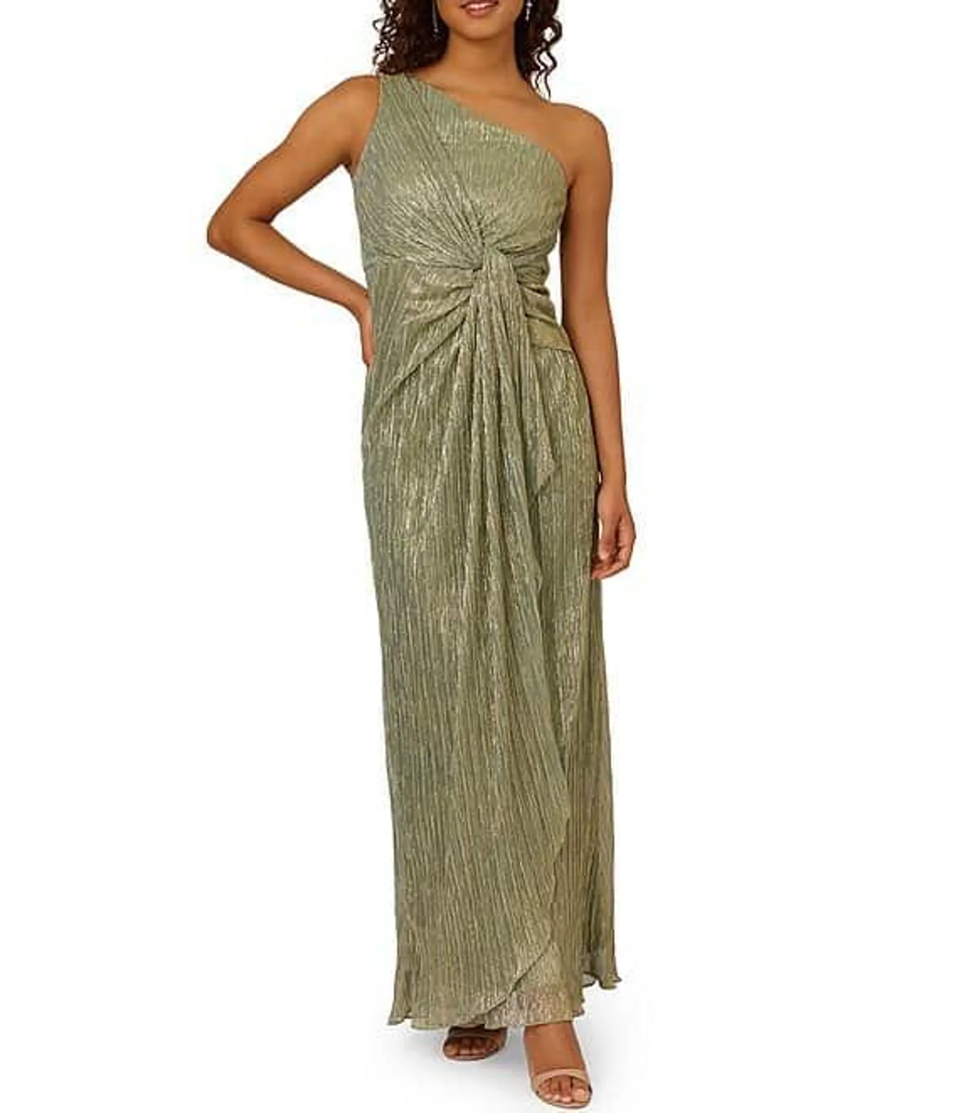 One Shoulder Metallic Knit Sleeveless Front Ruched Gown